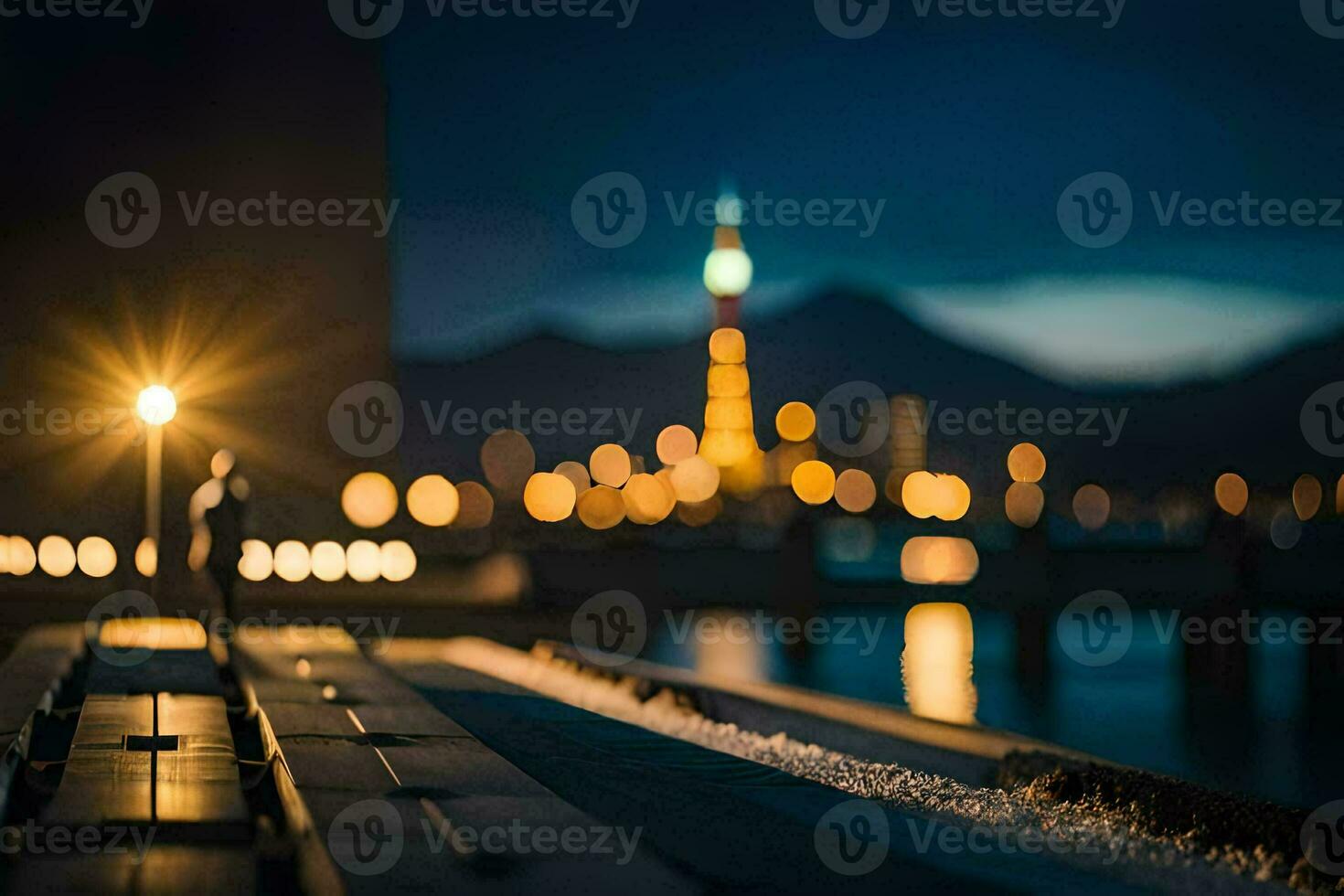 a man stands on a bench near the water at night. AI-Generated photo
