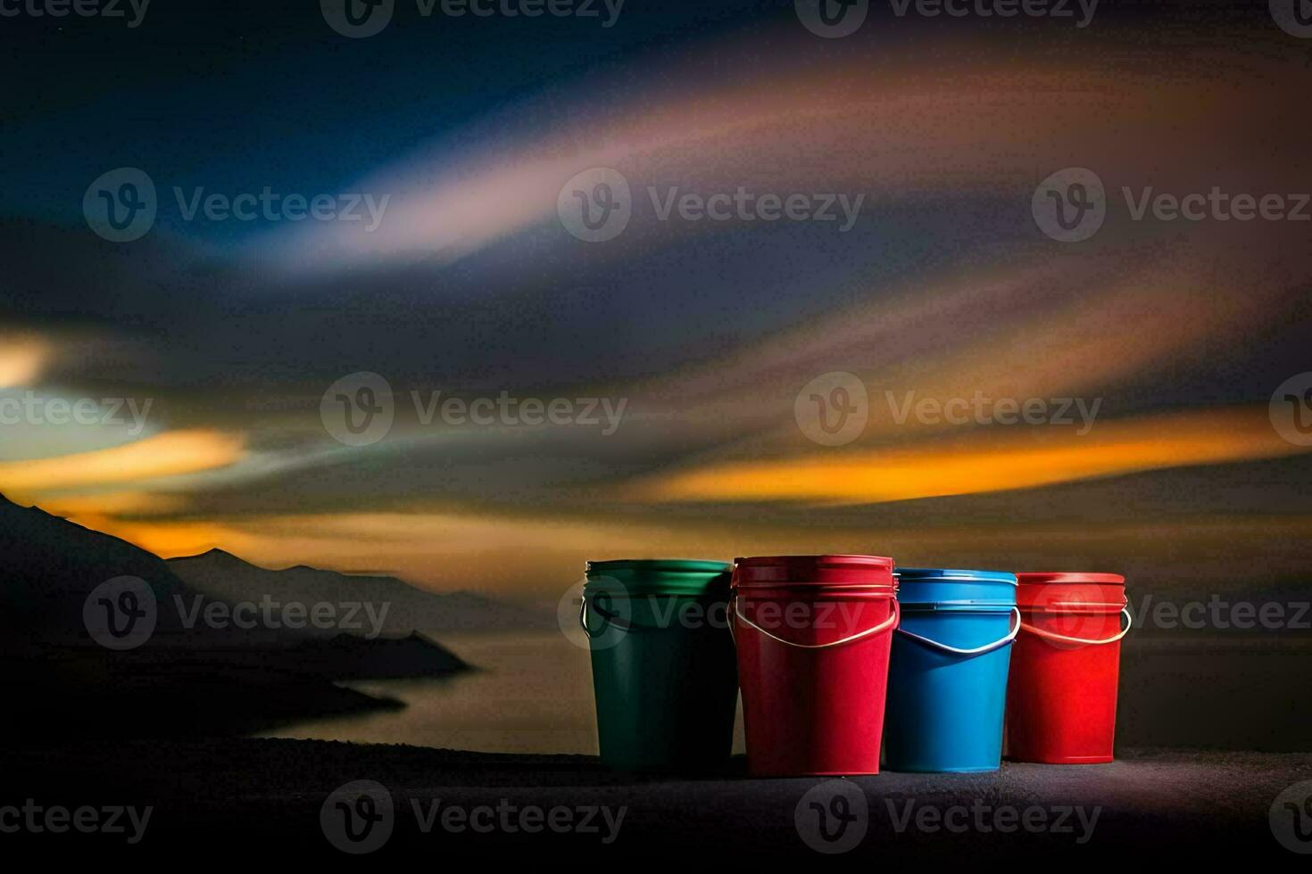 four colorful buckets sit on a rock in front of the ocean. AI-Generated photo