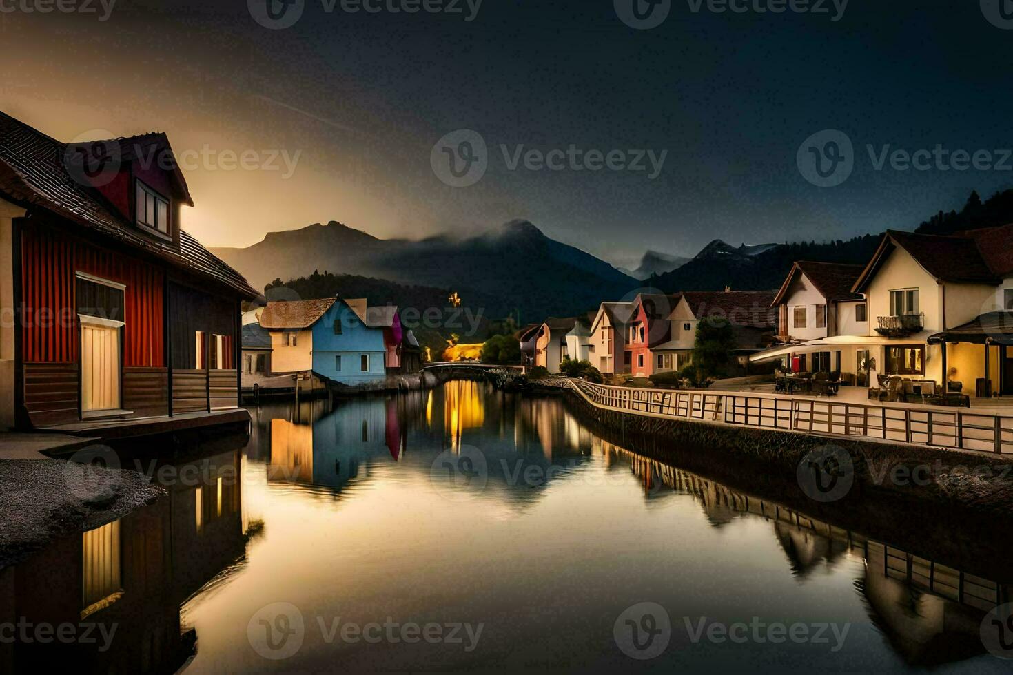 a canal in the middle of a town at sunset. AI-Generated photo