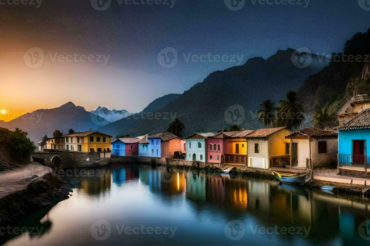 vistoso casas a lo largo el río a puesta de sol. generado por ai foto