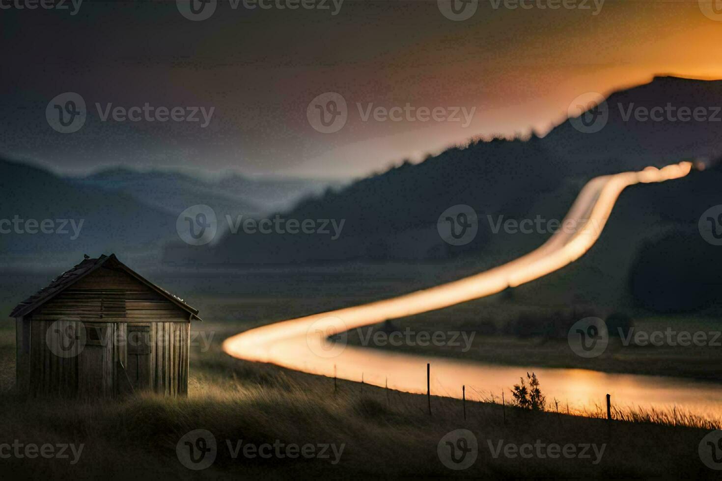 a small house sits on the side of a road with a long exposure of the sun setting. AI-Generated photo