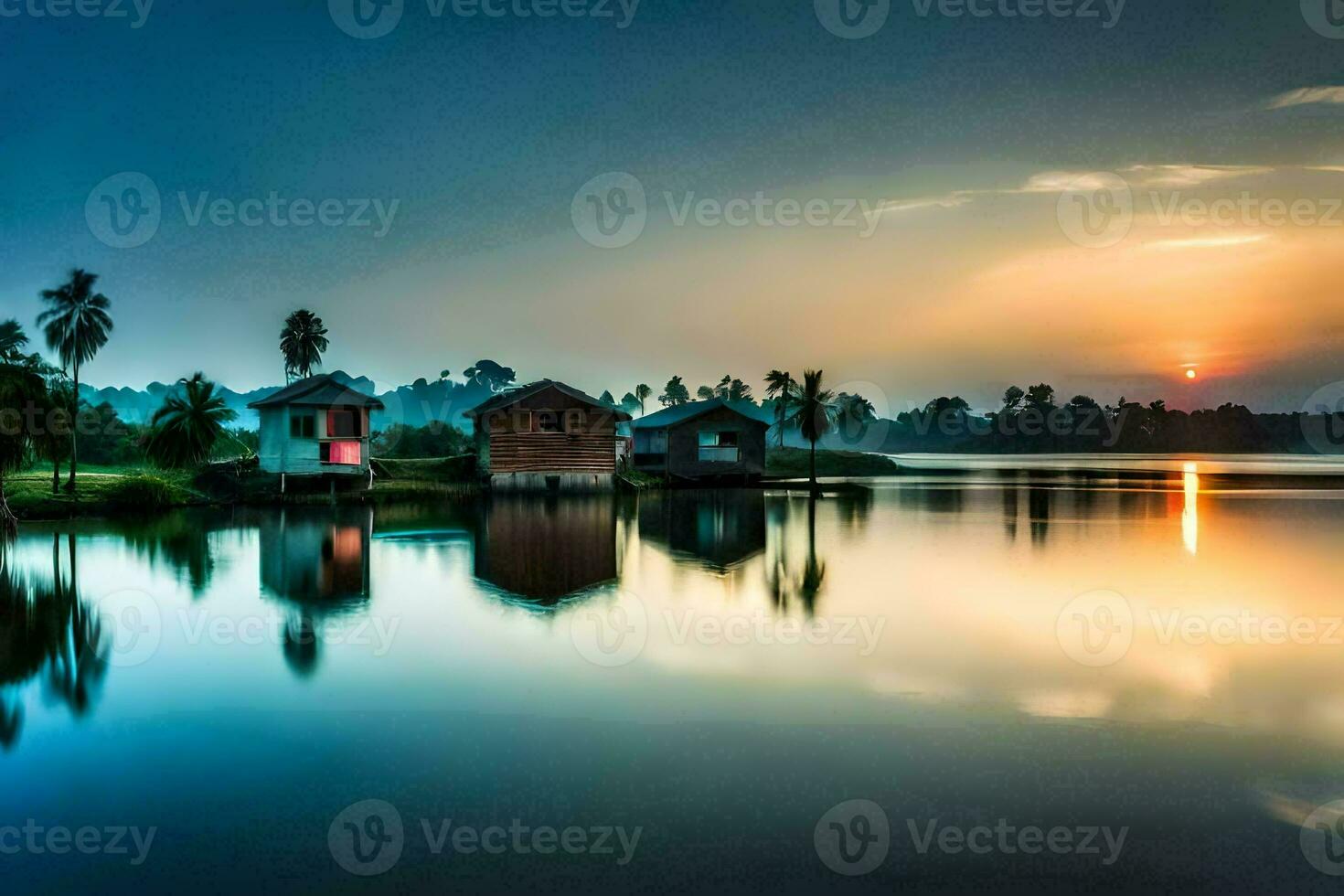 the sun sets over a lake with houses on it. AI-Generated photo