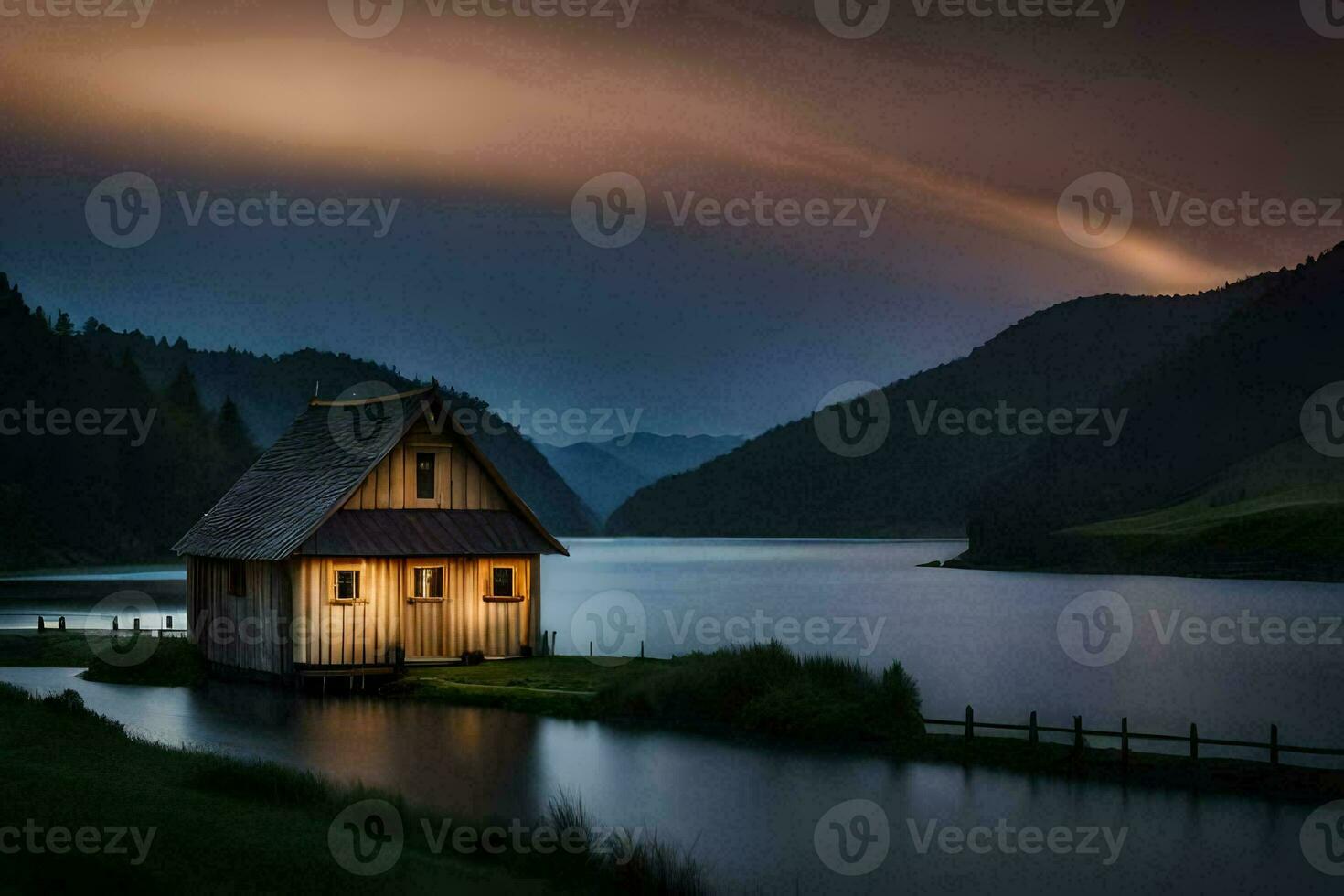 photo wallpaper the sky, lake, house, the dark, the lake, the house, the. AI-Generated