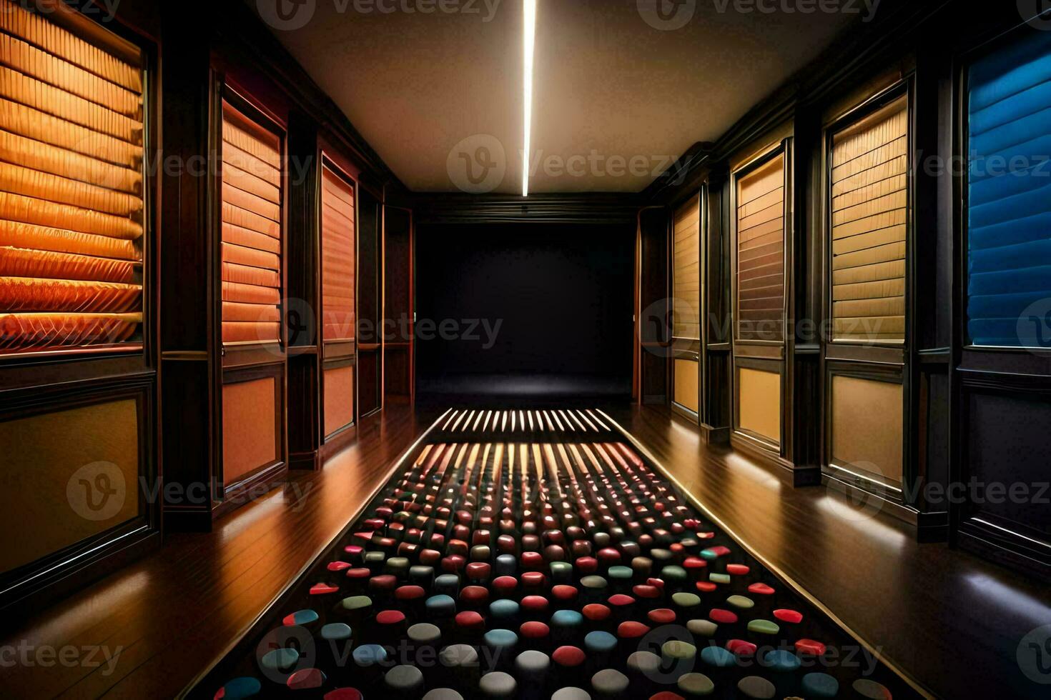 a hallway with a colorful rug and a light. AI-Generated photo