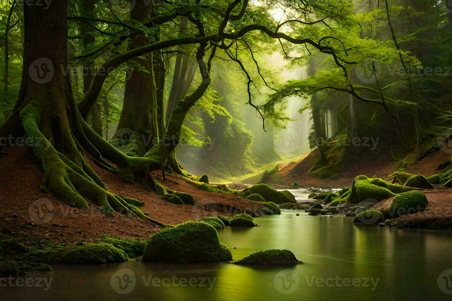 a stream runs through a forest with trees and rocks. AI-Generated photo