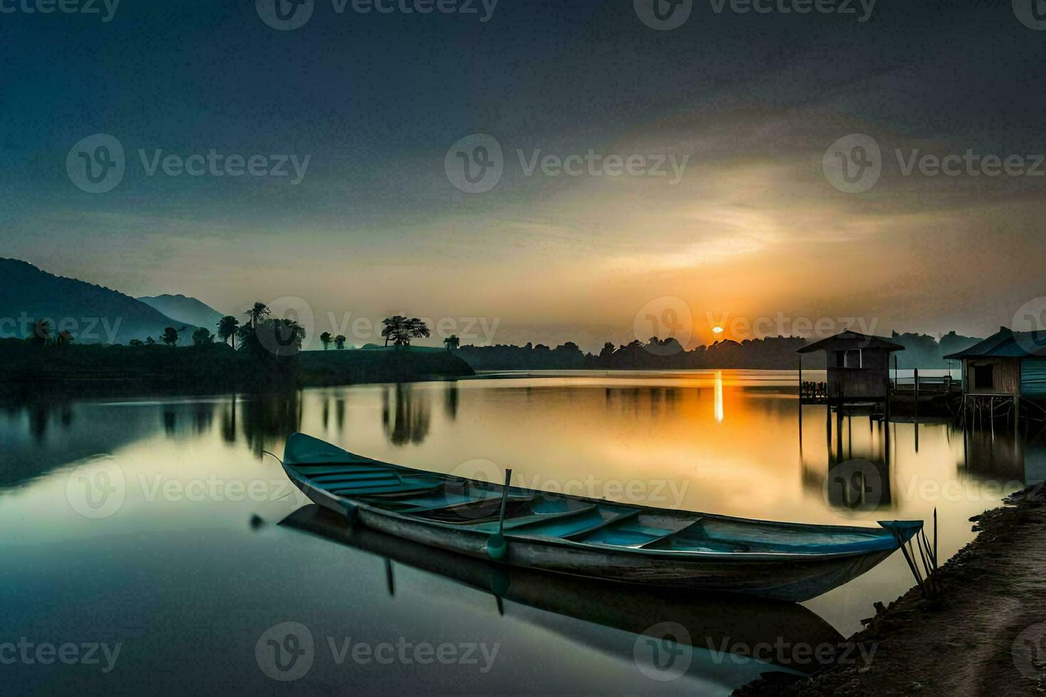 a boat sits on the shore of a lake at sunset. AI-Generated photo