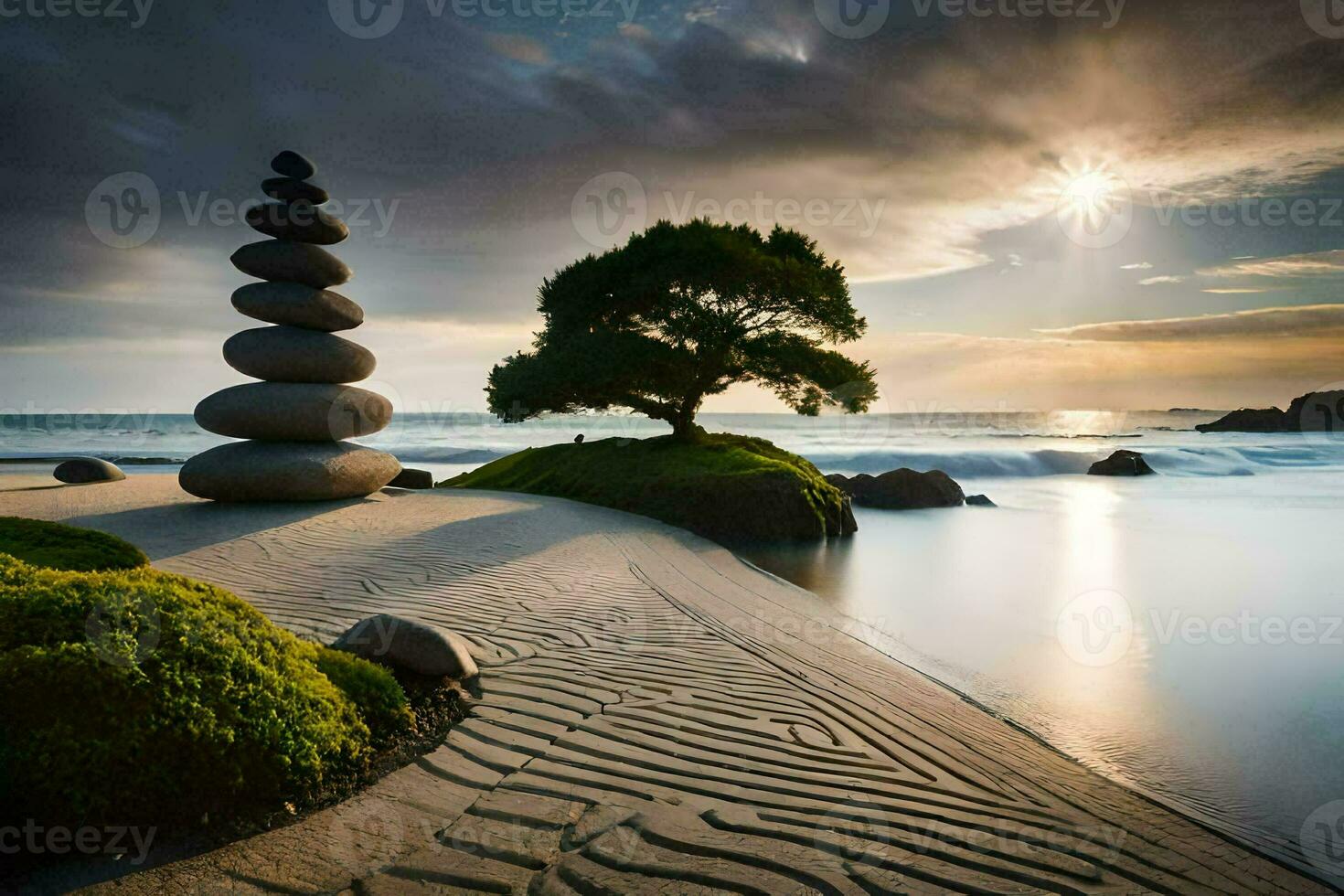 un zen jardín en el medio de el océano. generado por ai foto