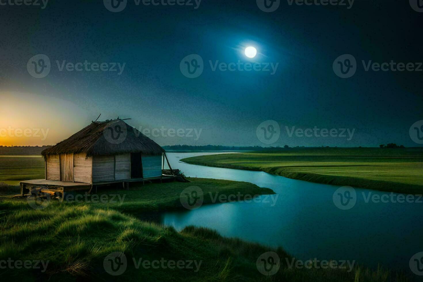 the moon rises over a small hut in the middle of a river. AI-Generated photo