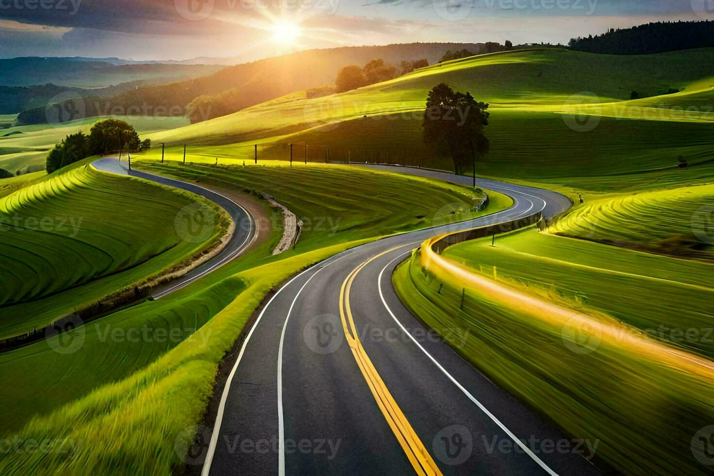 a winding road in the countryside with the sun setting. AI-Generated photo