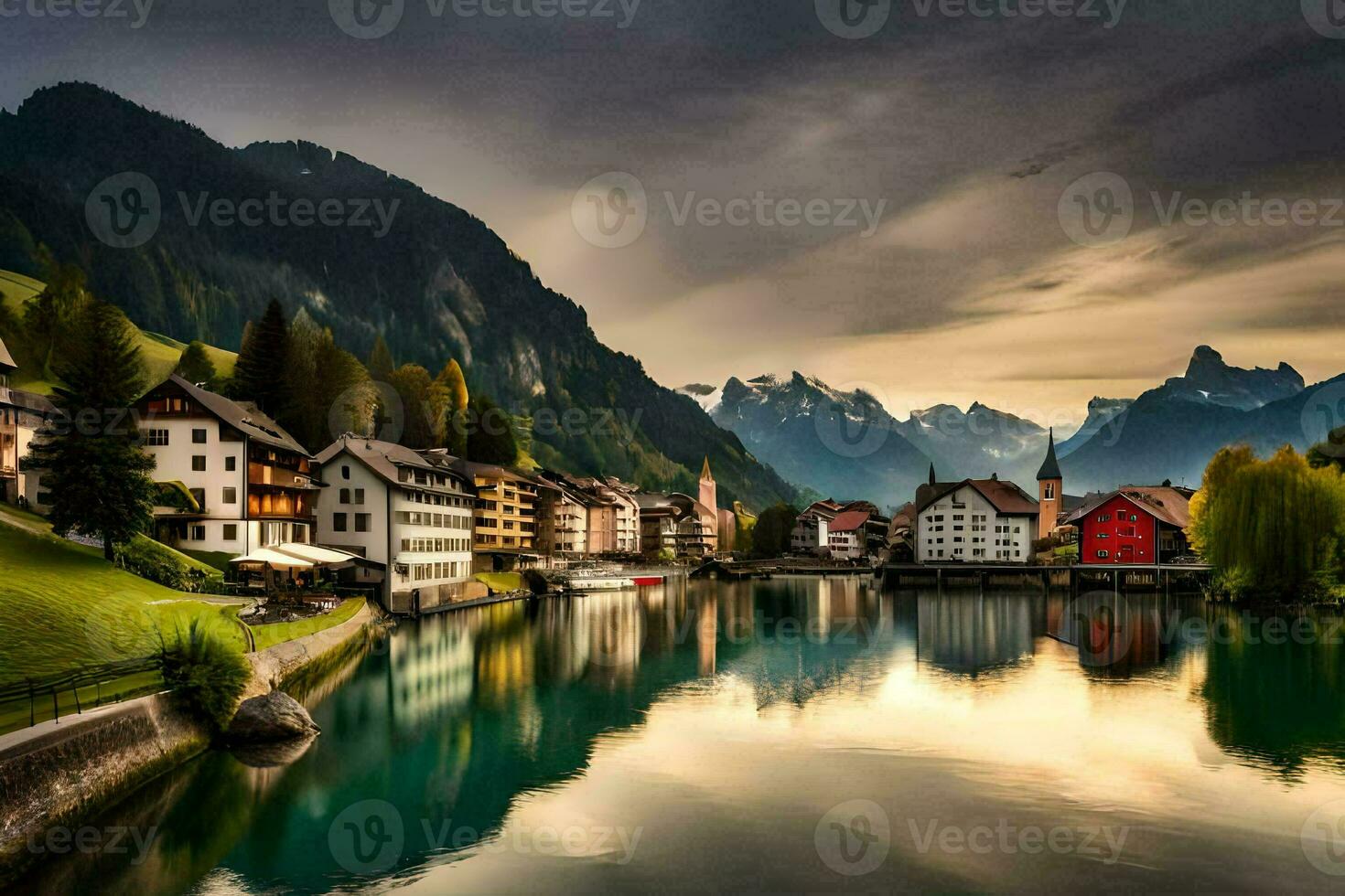 a beautiful lake and town in the mountains. AI-Generated photo