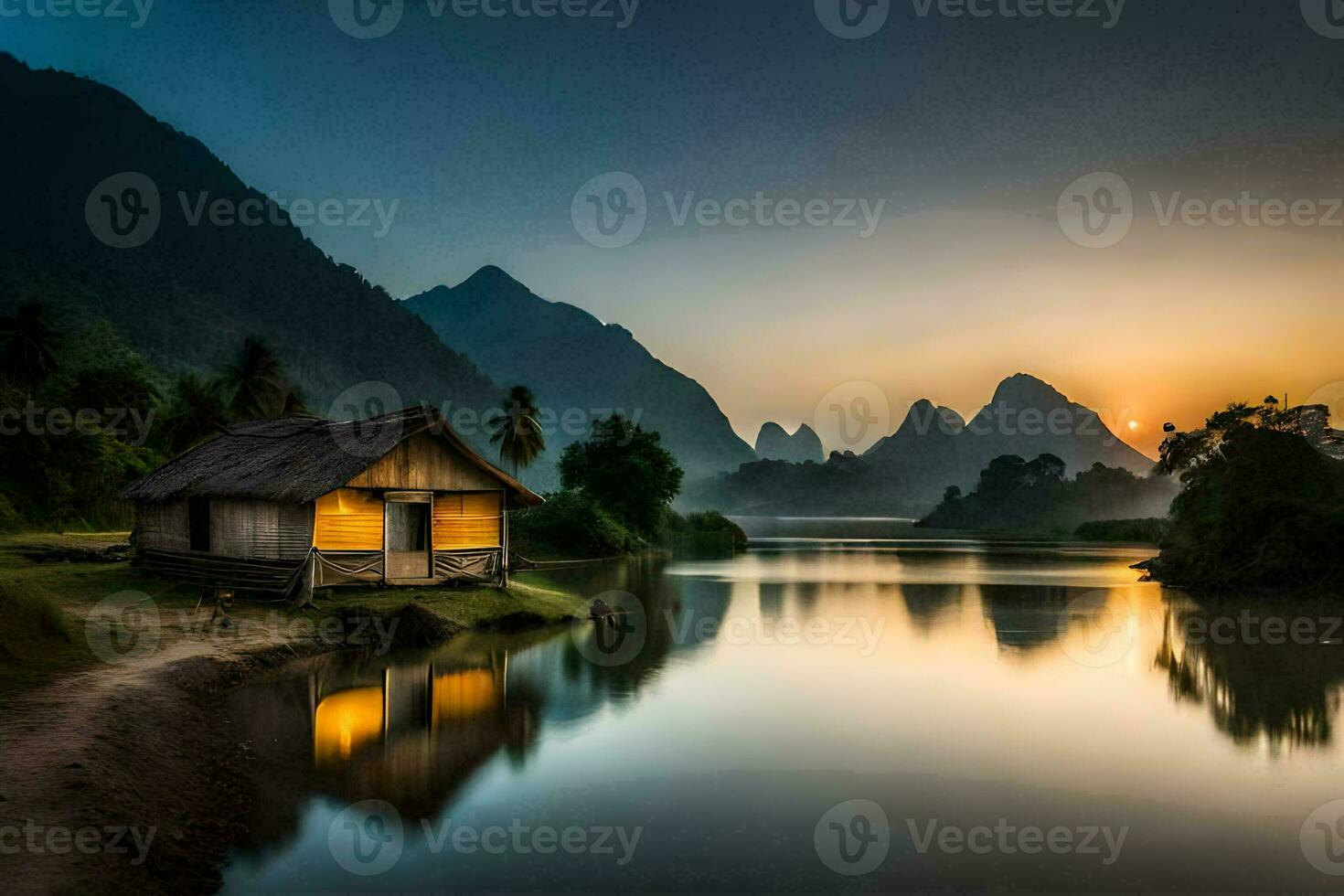 a small hut sits on the shore of a river at sunset. AI-Generated photo