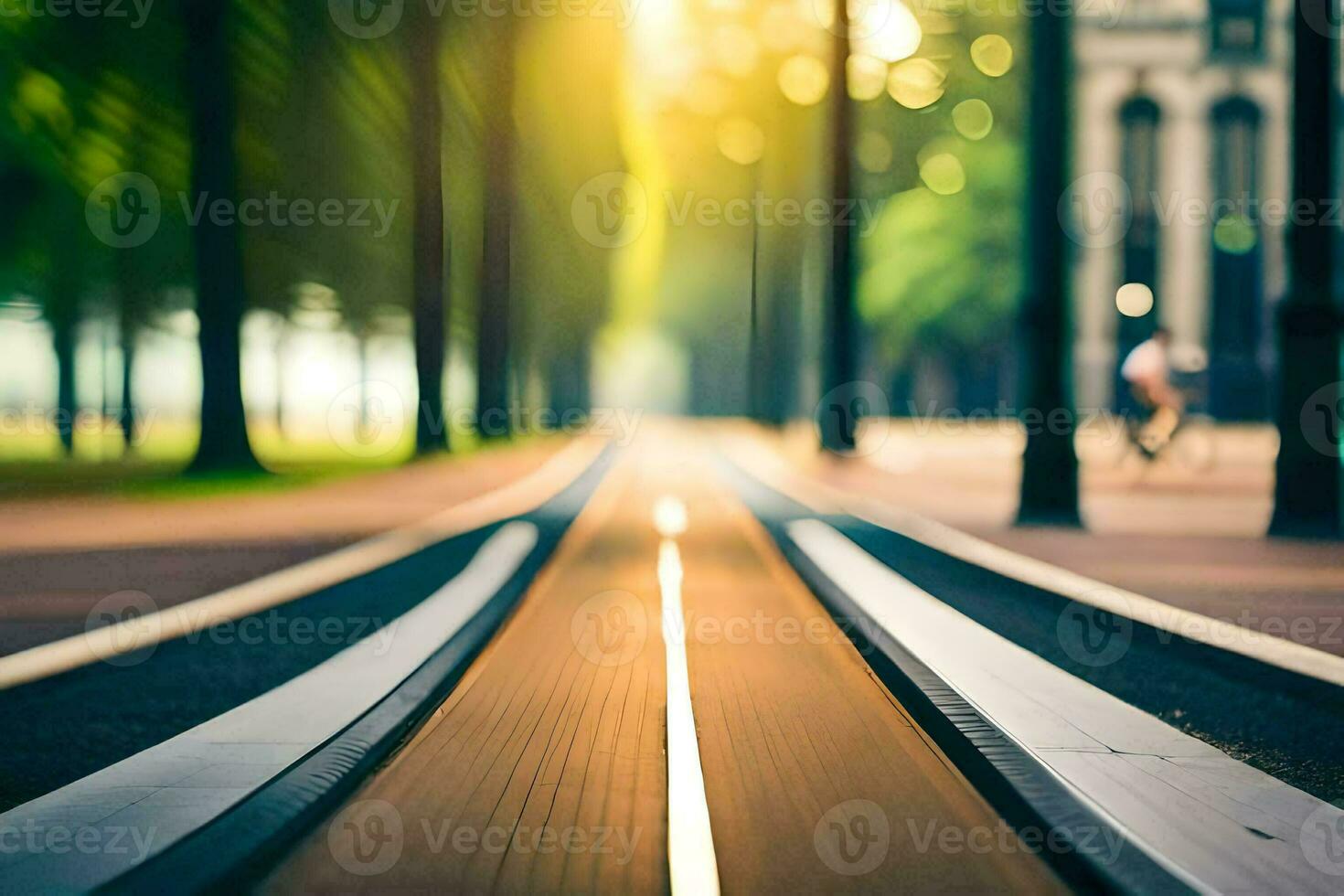 a long, empty road with trees and a bicycle. AI-Generated photo
