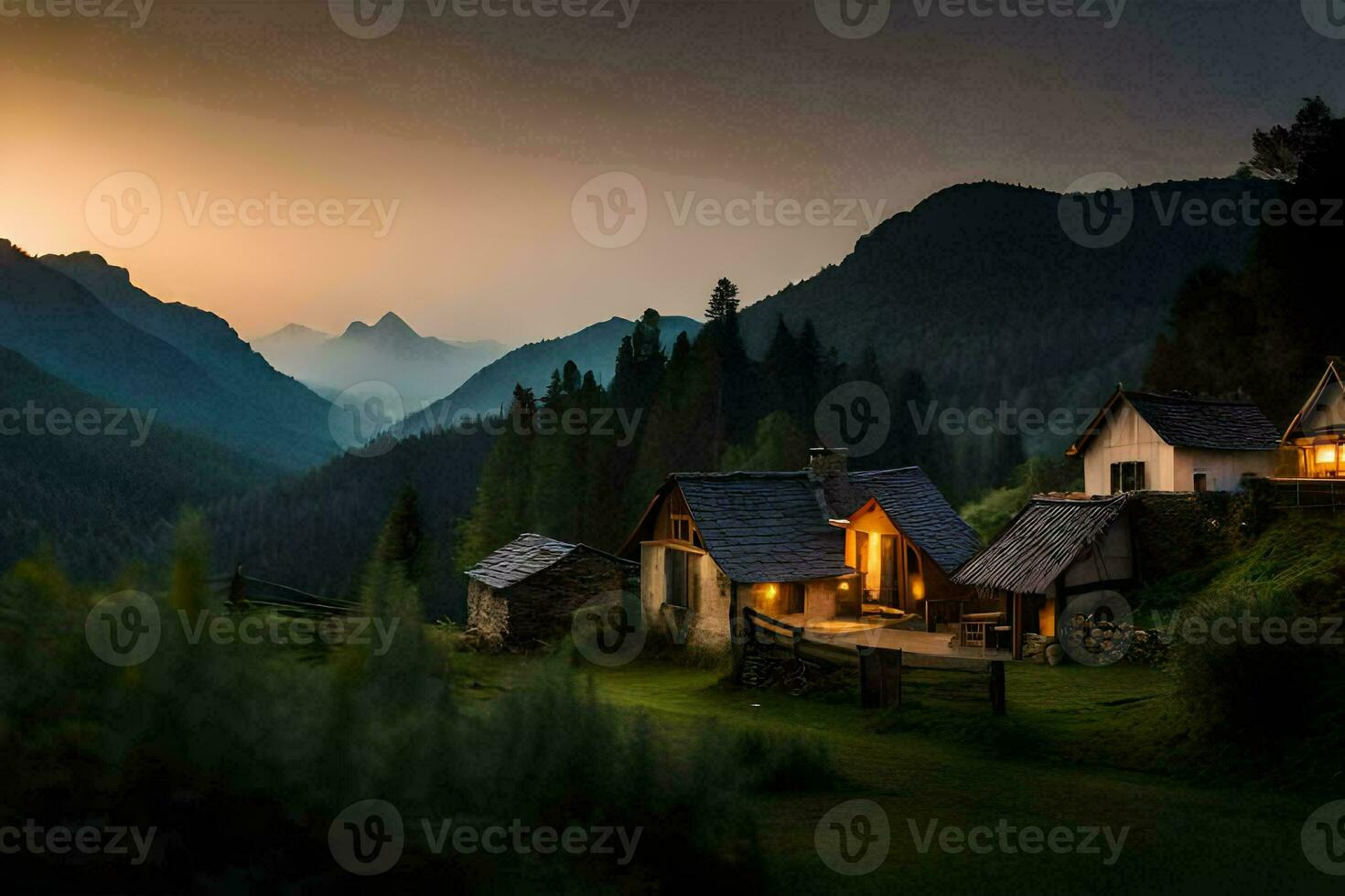 photo wallpaper the sky, mountains, house, the sun, the mountains, the house, the. AI-Generated