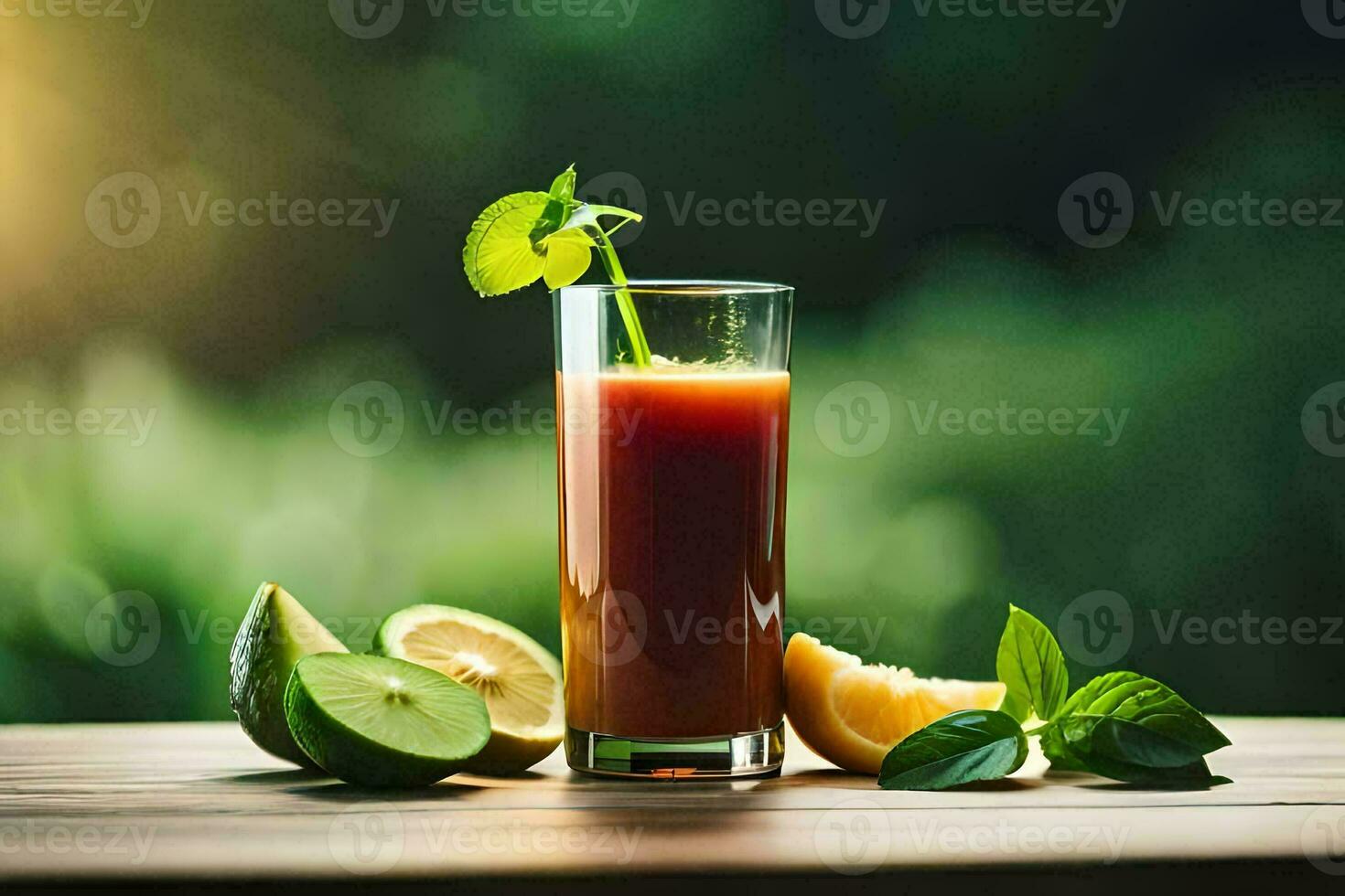 a glass of juice with lime and mint on a table. AI-Generated photo