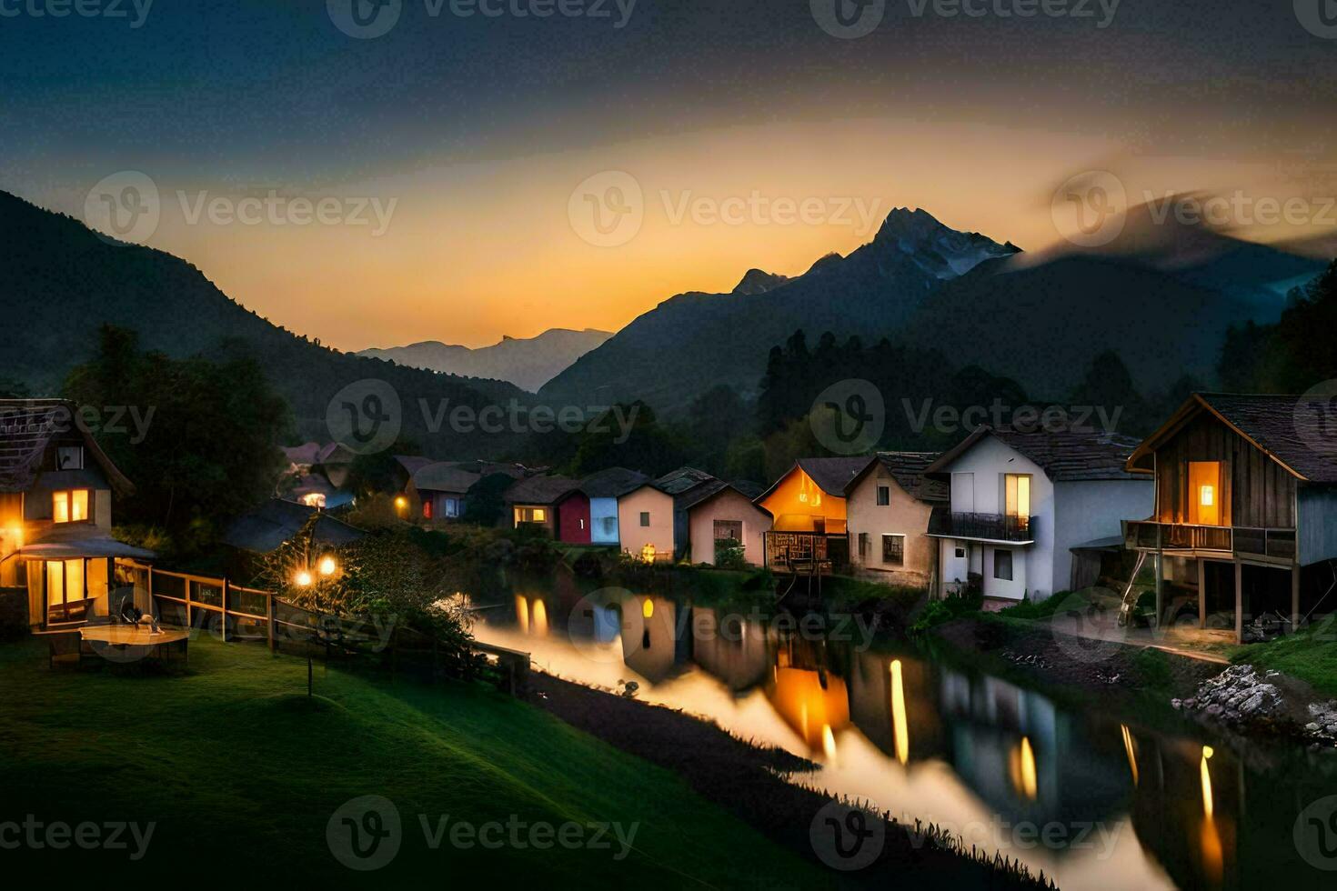 photo wallpaper the sky, mountains, river, houses, the night, the mountains, the river. AI-Generated