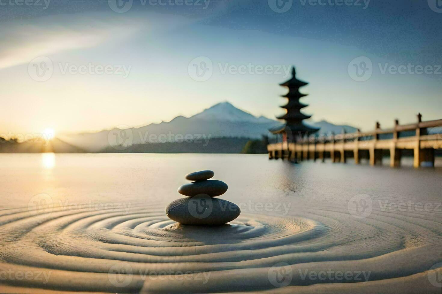 a pagoda in the background with stones in the water. AI-Generated photo