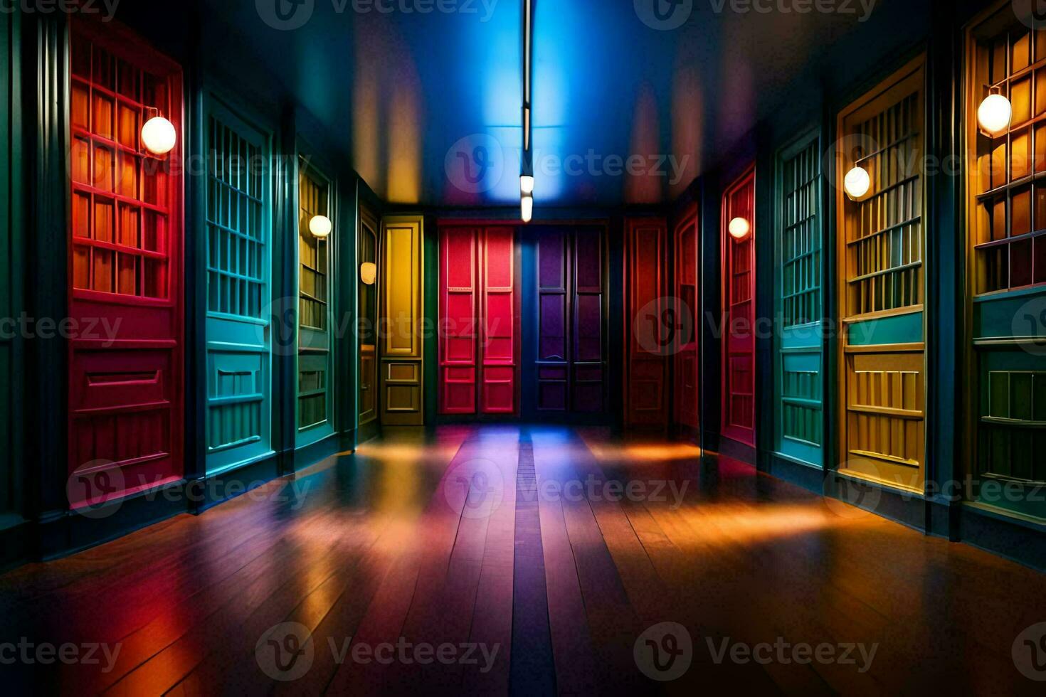 a hallway with many colorful doors and lights. AI-Generated photo
