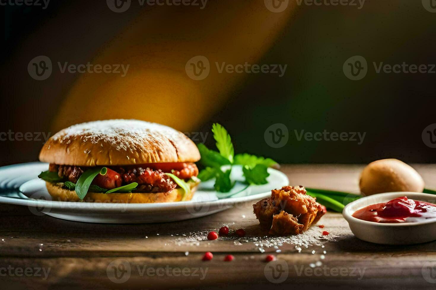 a hamburger with ketchup and lettuce on a plate. AI-Generated photo