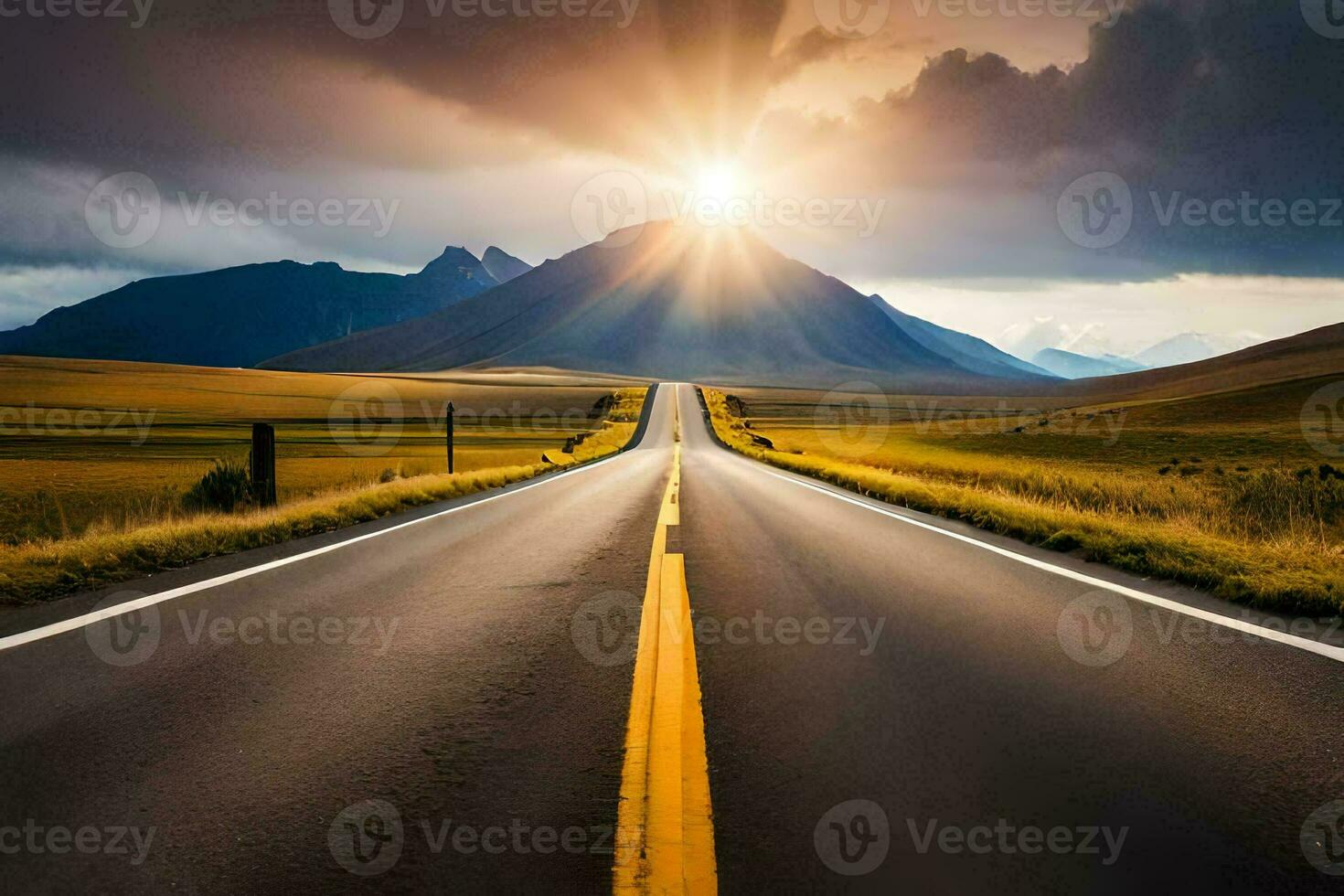 a long road with the sun shining over it. AI-Generated photo