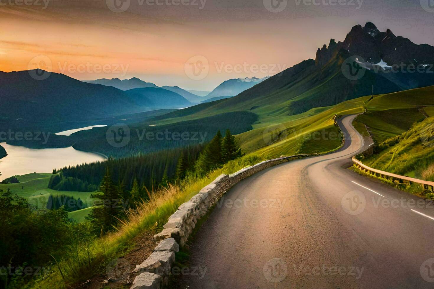 a winding road in the mountains with a lake and mountains in the background. AI-Generated photo