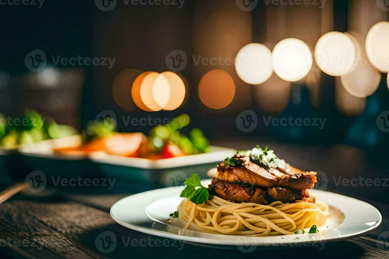 a plate of spaghetti and meat on a wooden table. AI-Generated photo