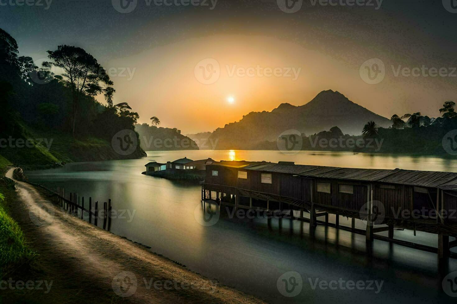 a boat dock sits on the edge of a lake at sunset. AI-Generated photo