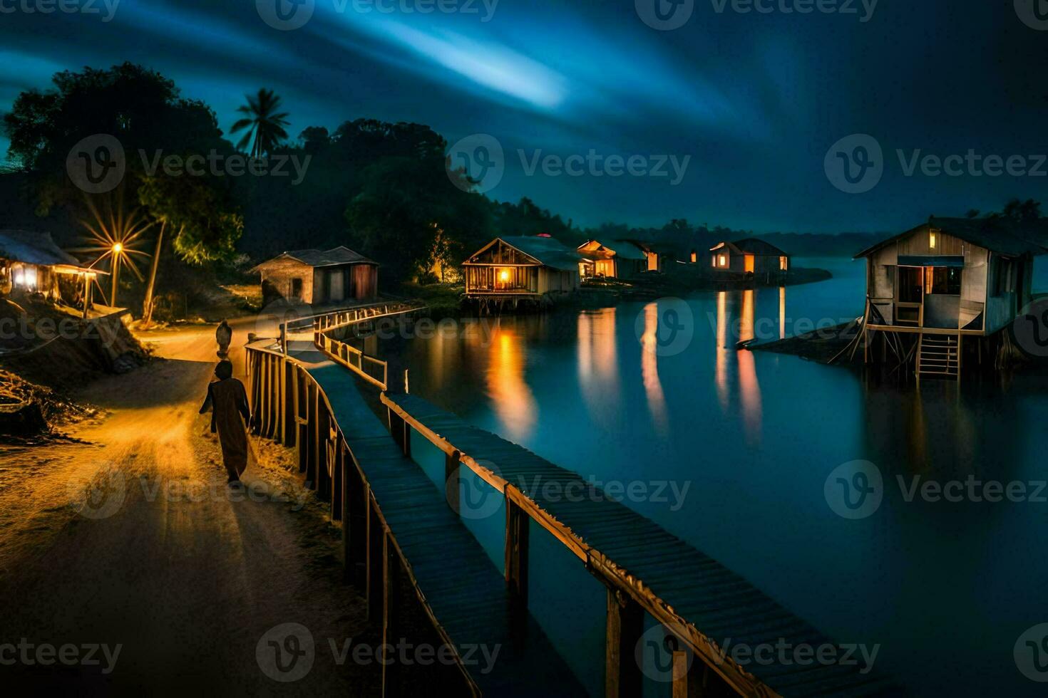 photo wallpaper the night, water, the river, the village, the house, the man,. AI-Generated