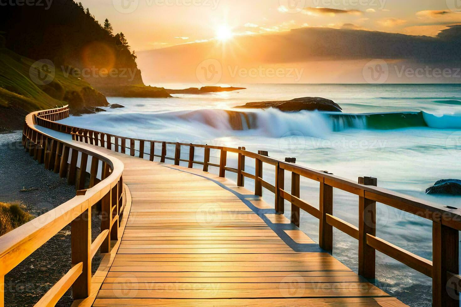 a wooden walkway leads to the ocean at sunset. AI-Generated photo