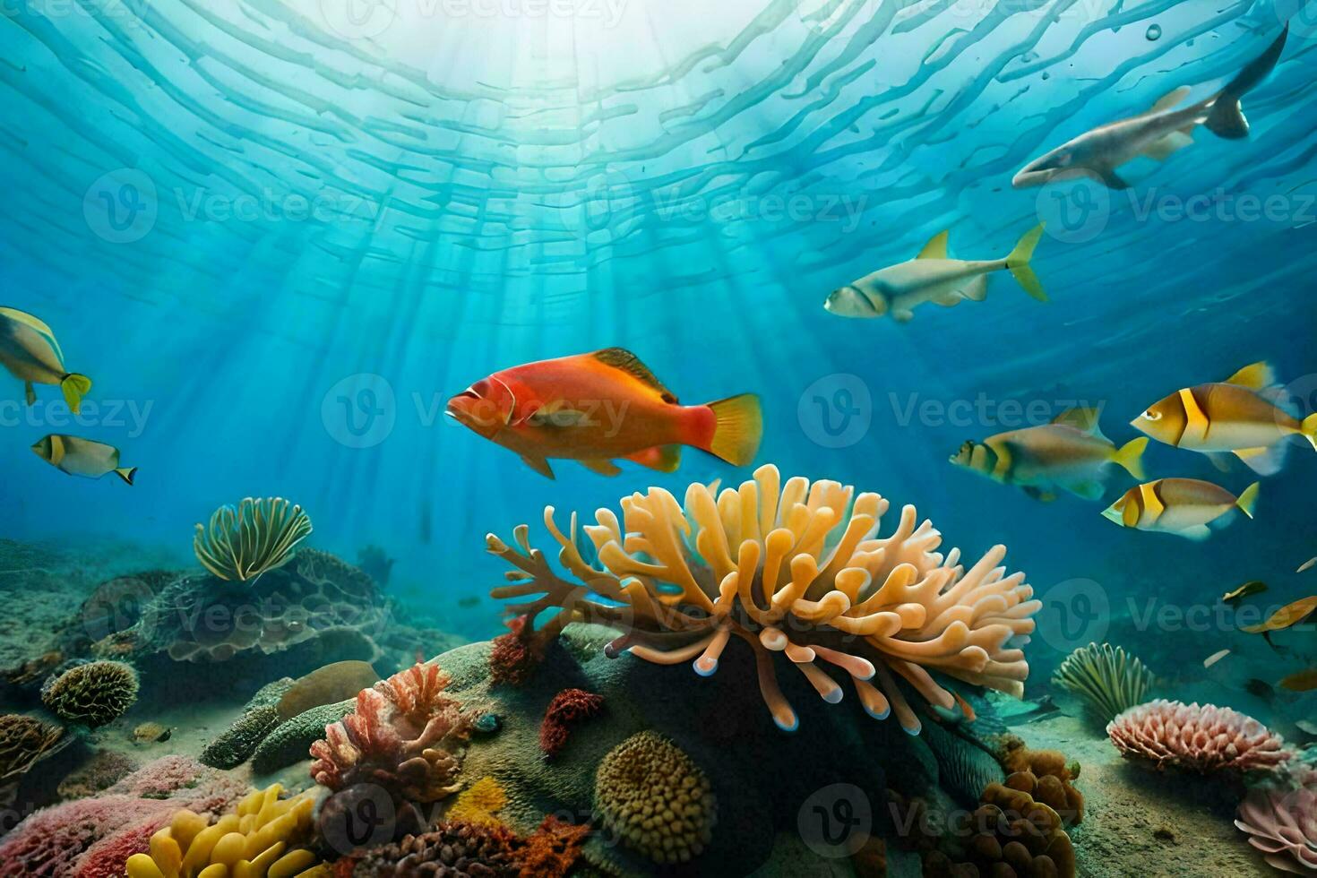 a coral reef with fish and corals. AI-Generated photo