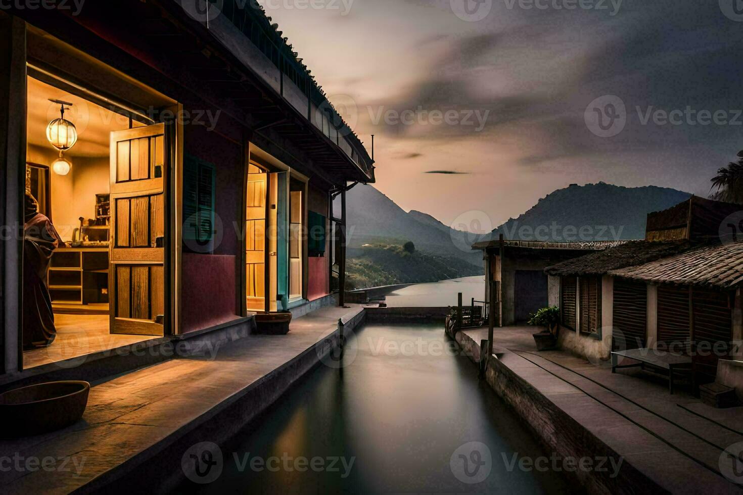 a house with a window overlooking a river and mountains. AI-Generated photo