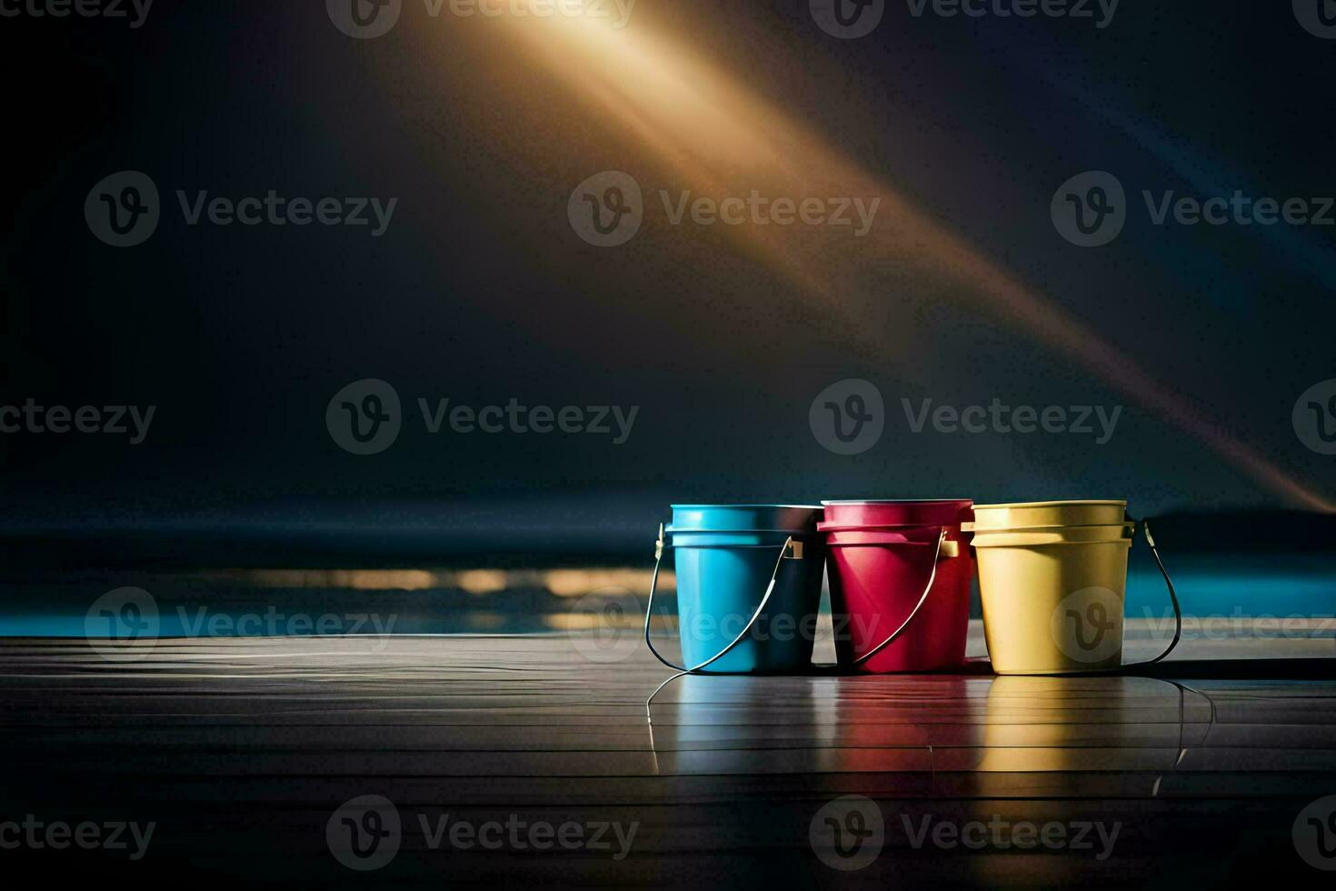 three buckets sit on a wooden deck with light shining in the background. AI-Generated photo