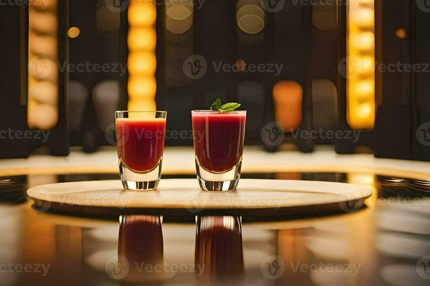 two glasses of juice on a wooden tray. AI-Generated photo