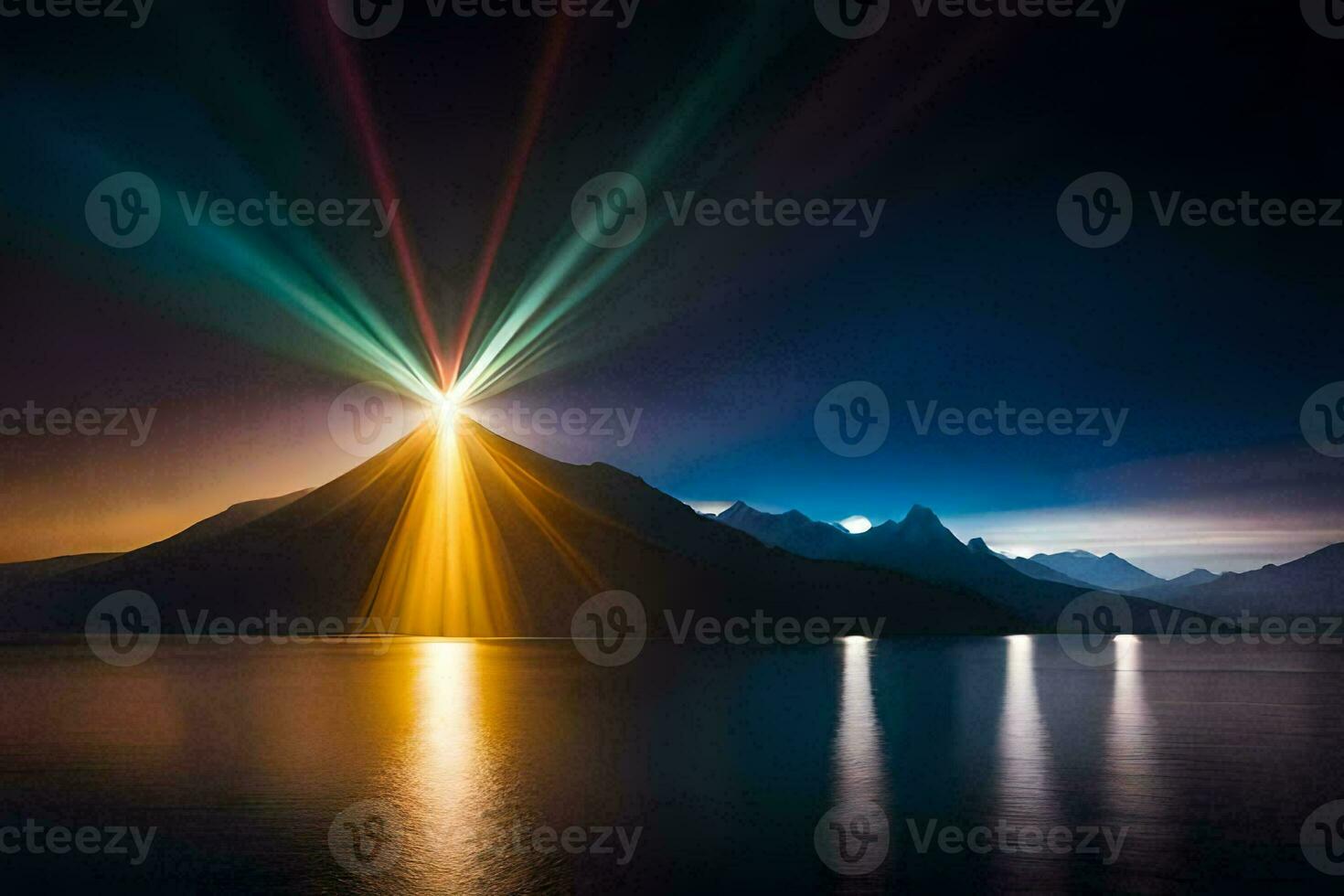 a bright light shines over a mountain and lake. AI-Generated photo