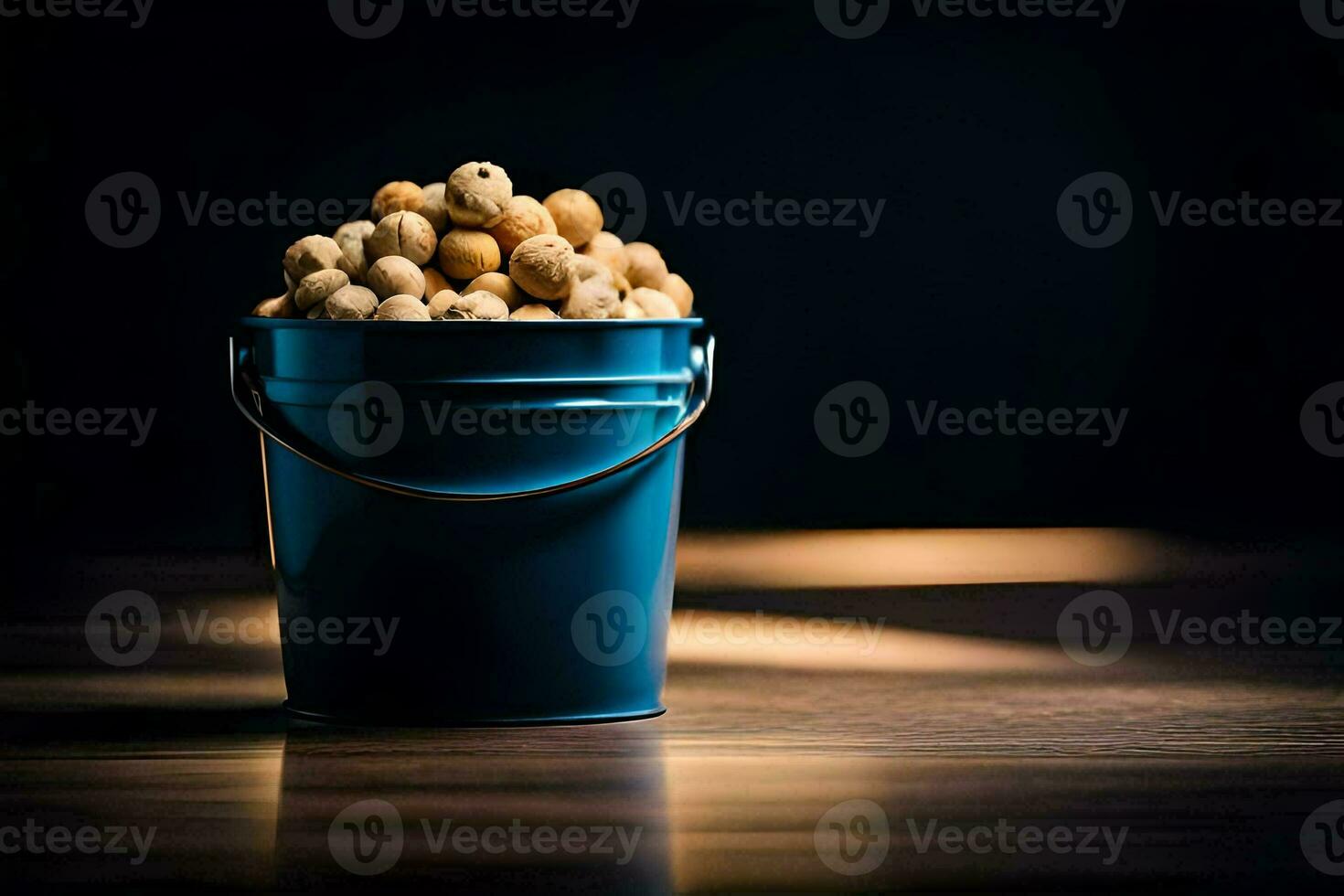 a blue bucket filled with peanuts on a wooden table. AI-Generated photo