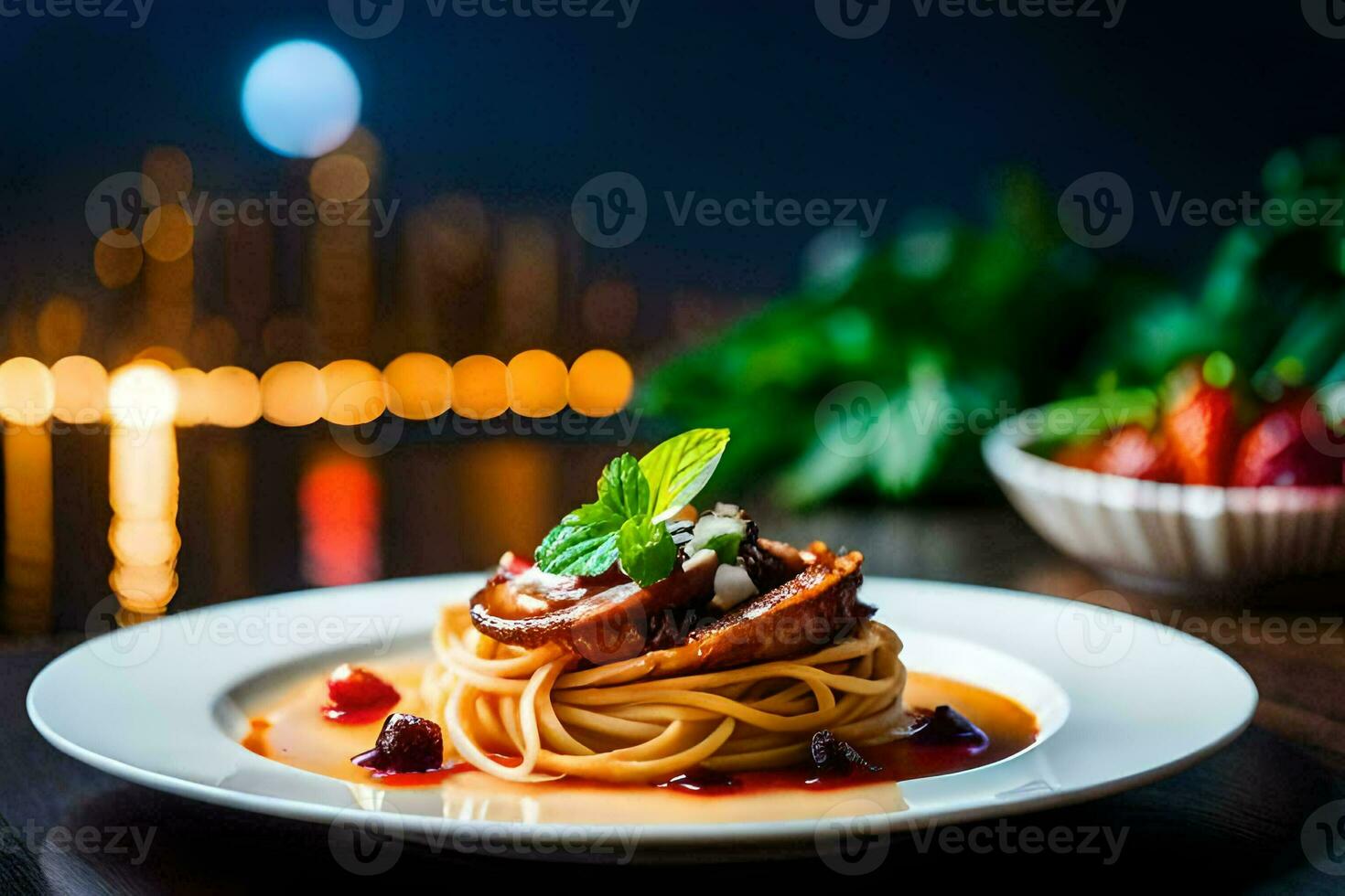 spaghetti with meat and sauce on a plate. AI-Generated photo