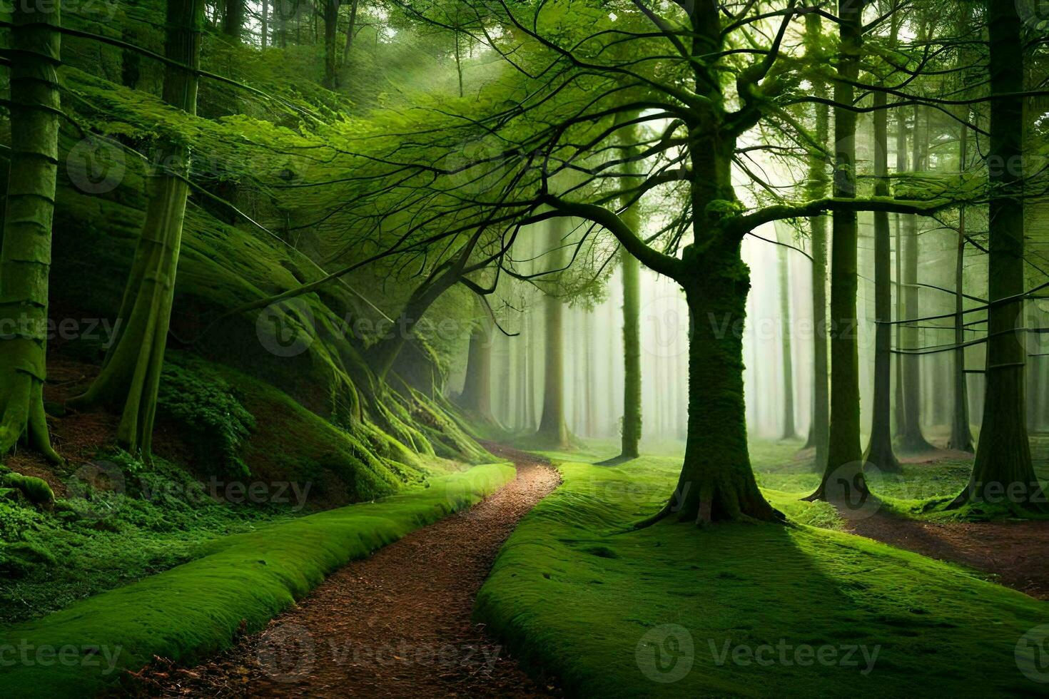 un camino mediante un verde bosque con arboles generado por ai foto