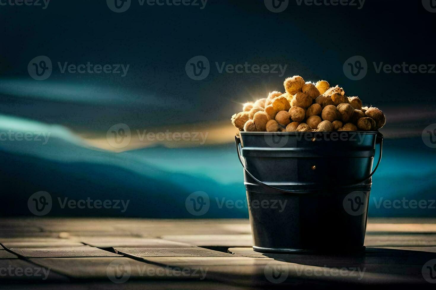 a bucket full of nuts on a wooden table. AI-Generated photo
