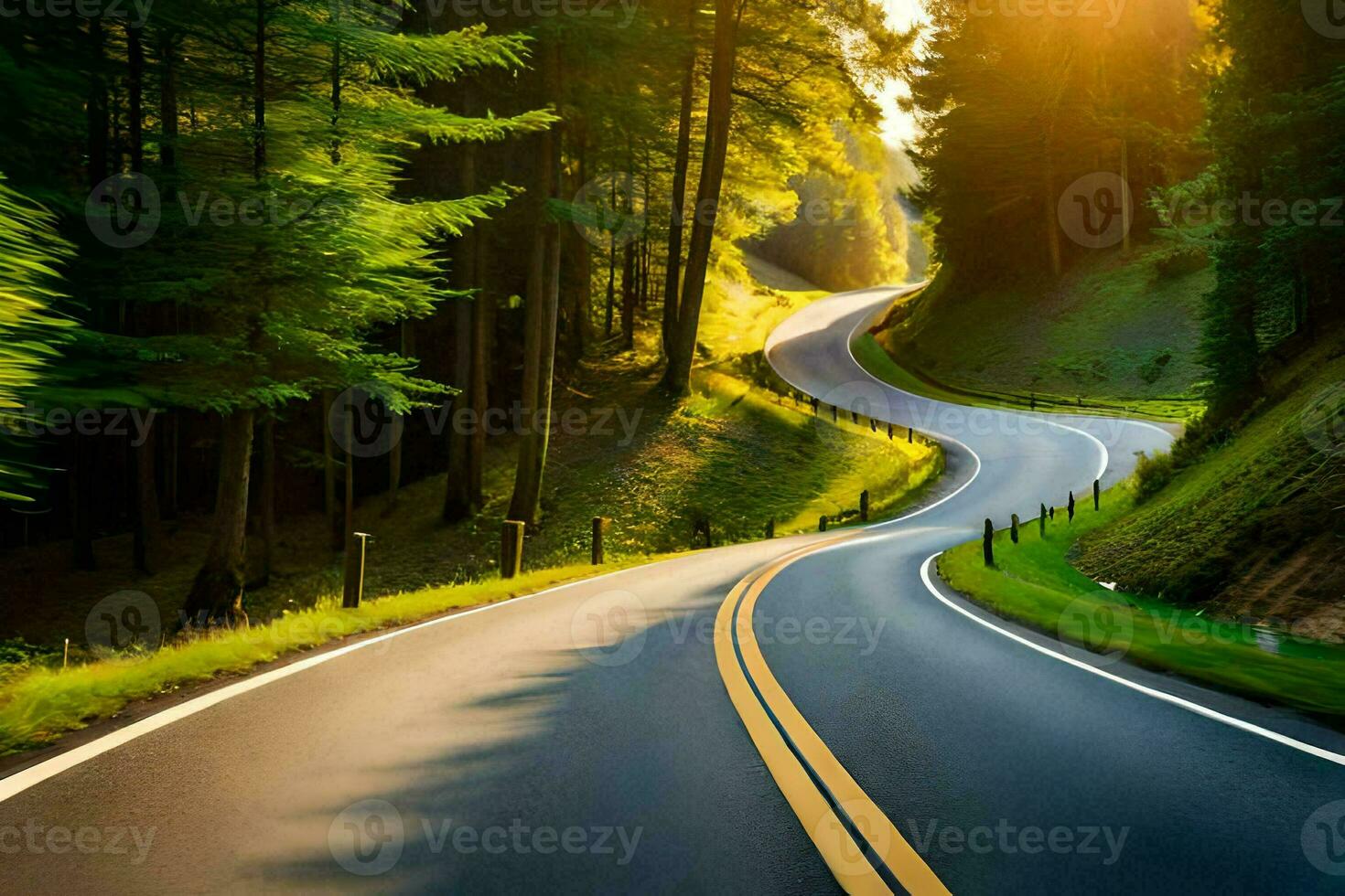 a winding road in the woods with trees and sun. AI-Generated photo