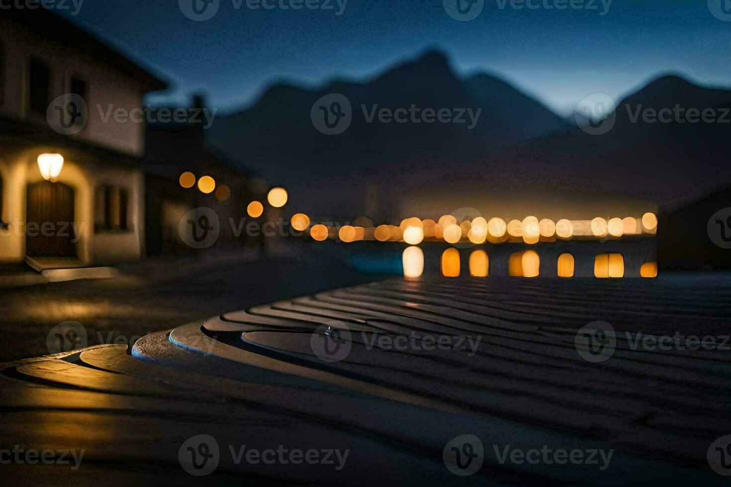 a wooden bench in front of a lake at night. AI-Generated photo
