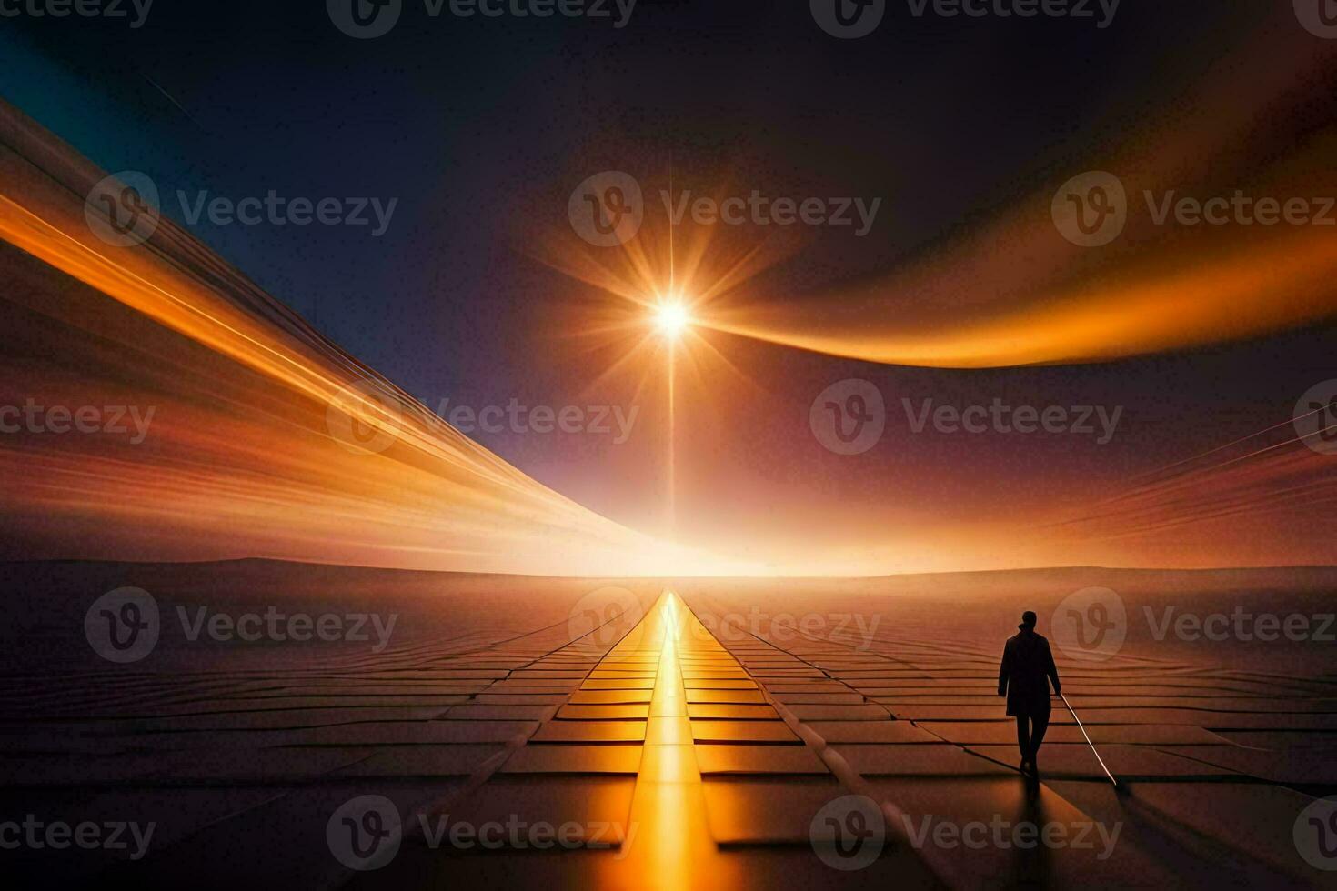 a man walking in the middle of a road with a bright light shining in the background. AI-Generated photo