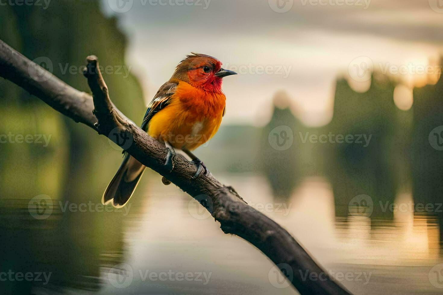 a red bird sits on a branch near a lake. AI-Generated photo