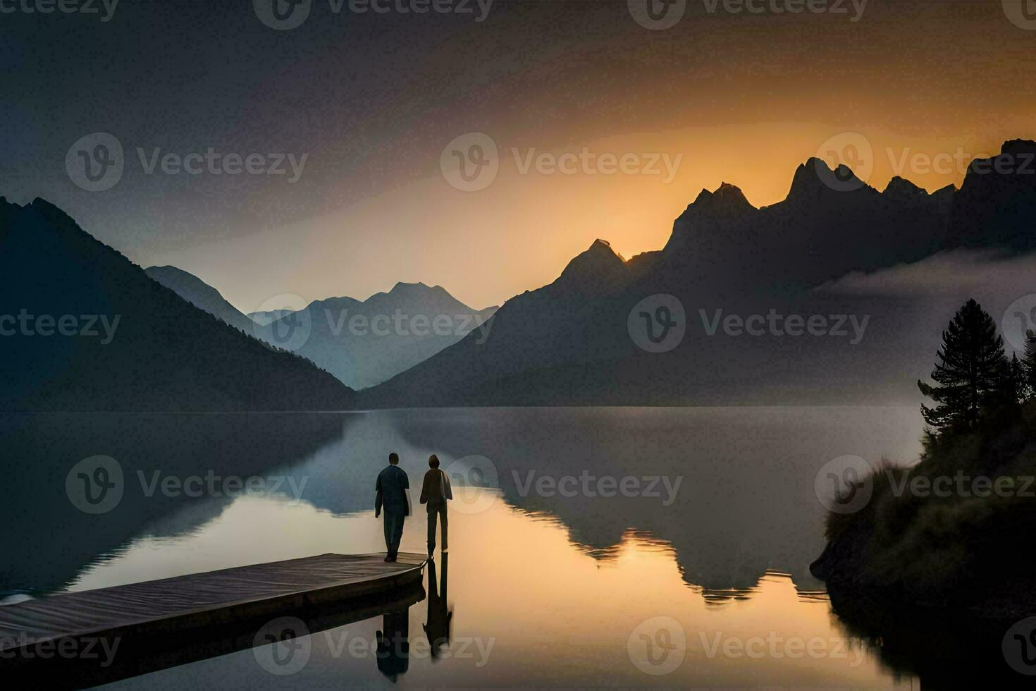 two people stand on a dock at sunset in the mountains. AI-Generated photo