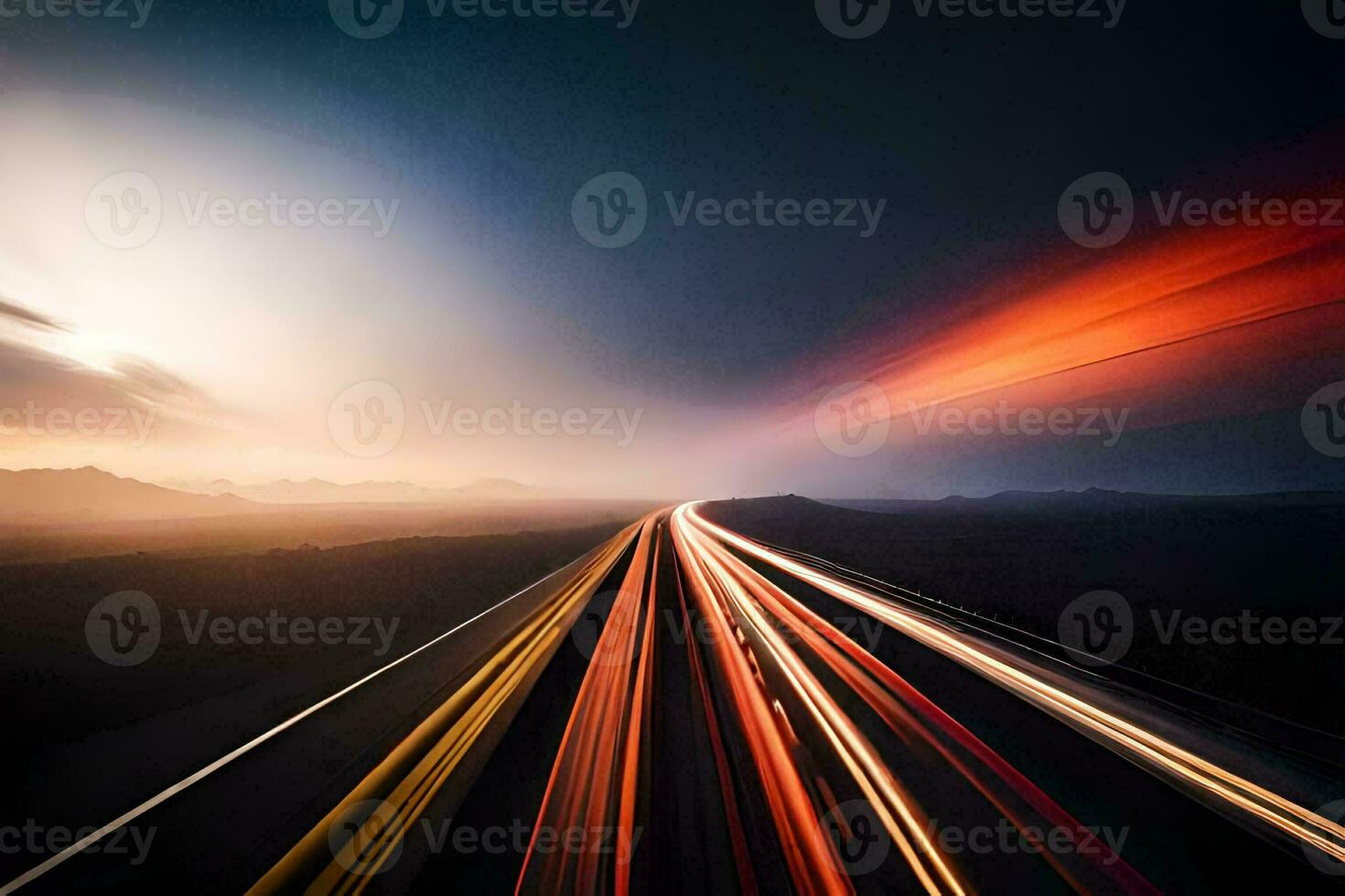 a long exposure photograph of a highway at sunset. AI-Generated photo