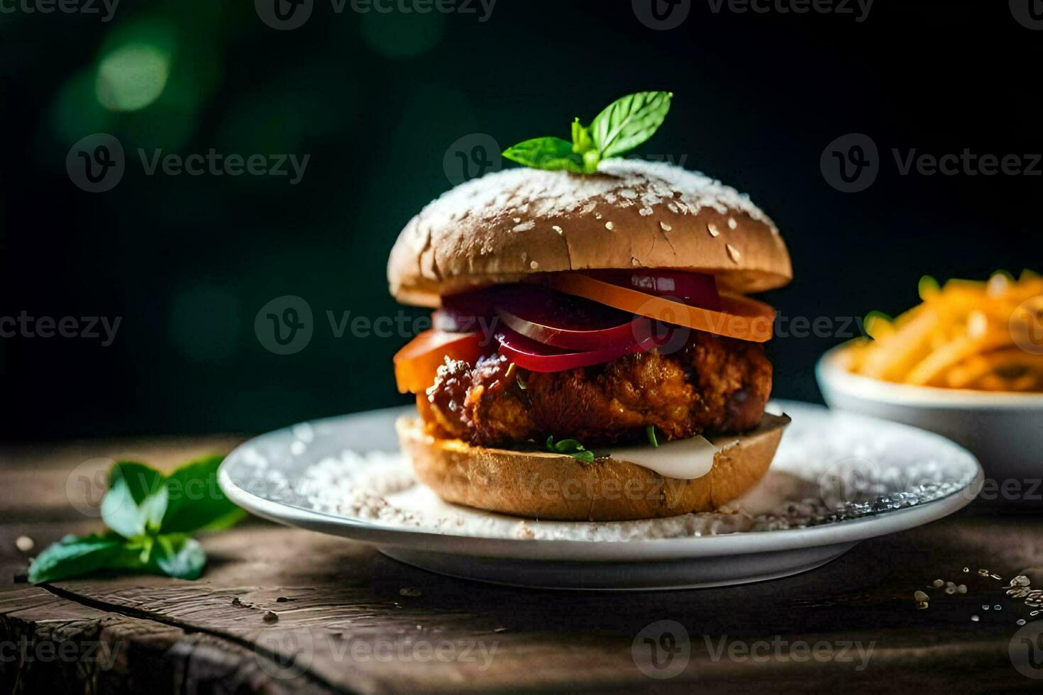 a hamburger with cheese, tomatoes and herbs on a plate. AI-Generated photo