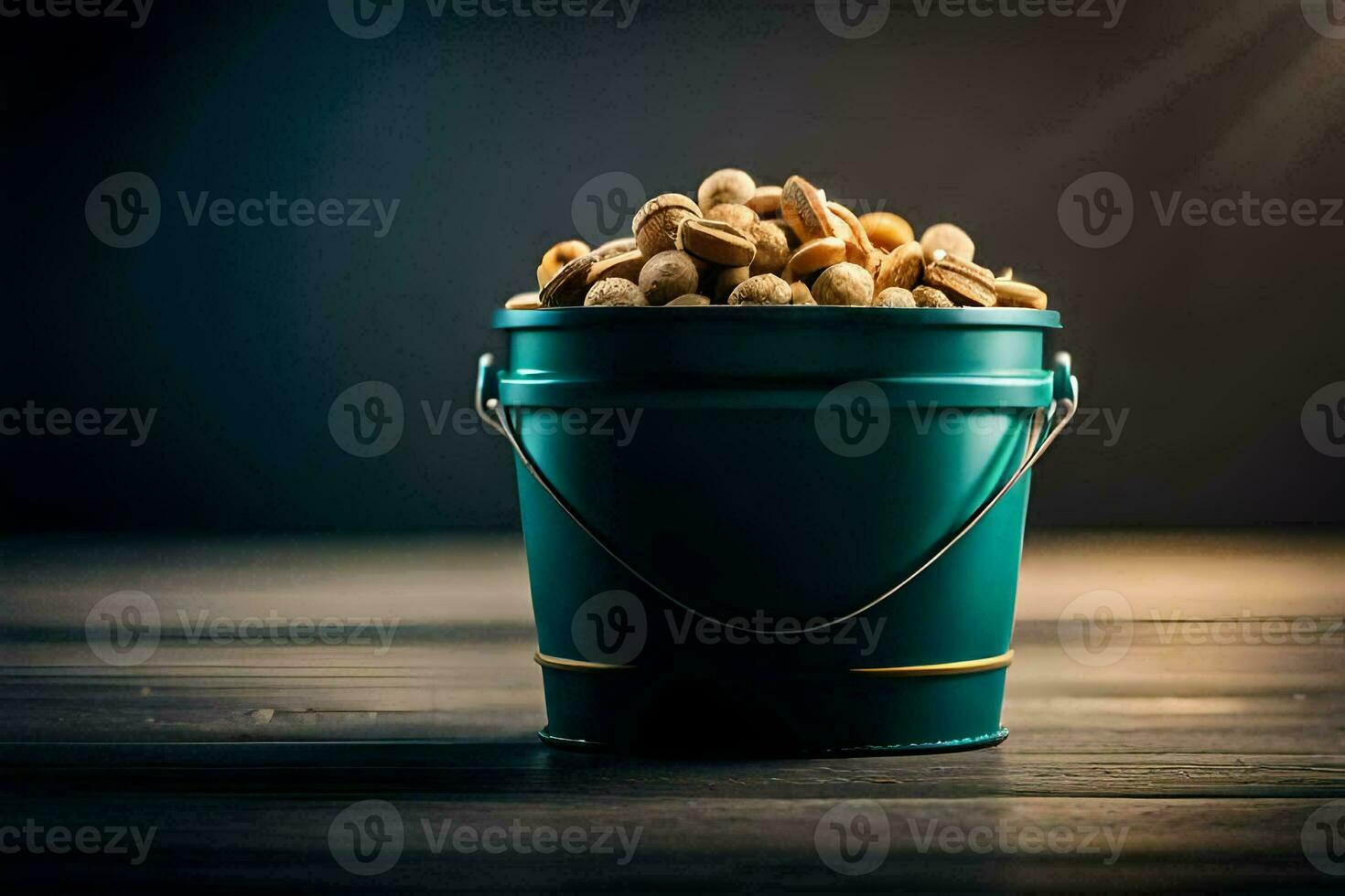 a bucket filled with peanuts on a wooden table. AI-Generated photo