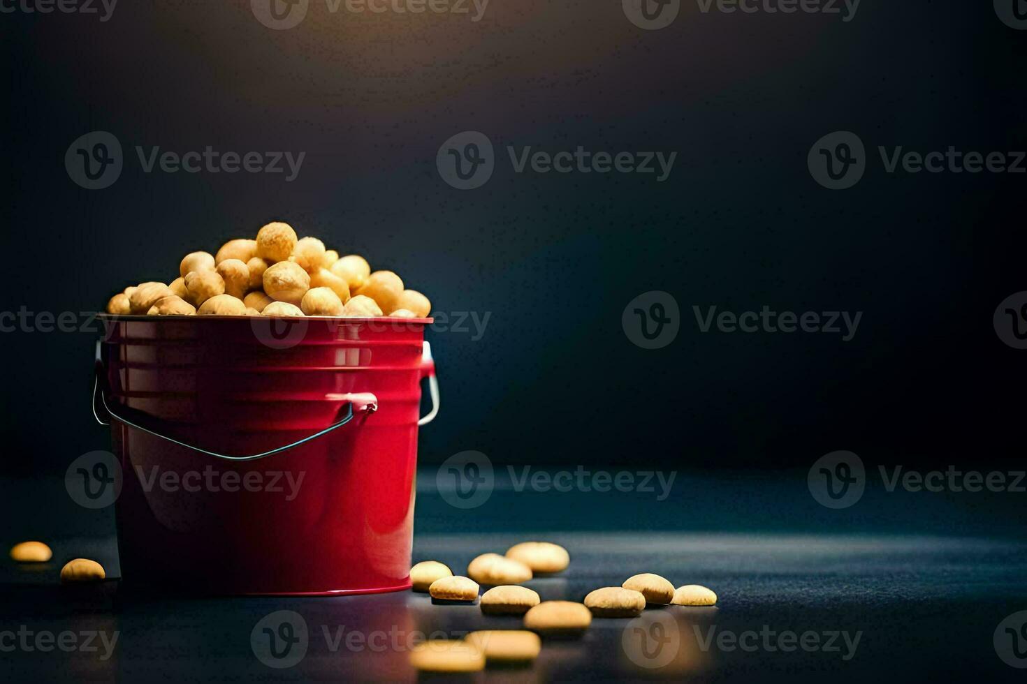 a bucket filled with peanuts on a dark table. AI-Generated photo