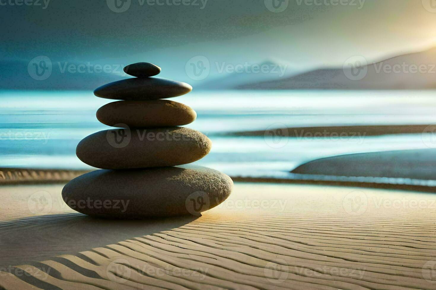 a stack of stones on the beach. AI-Generated photo