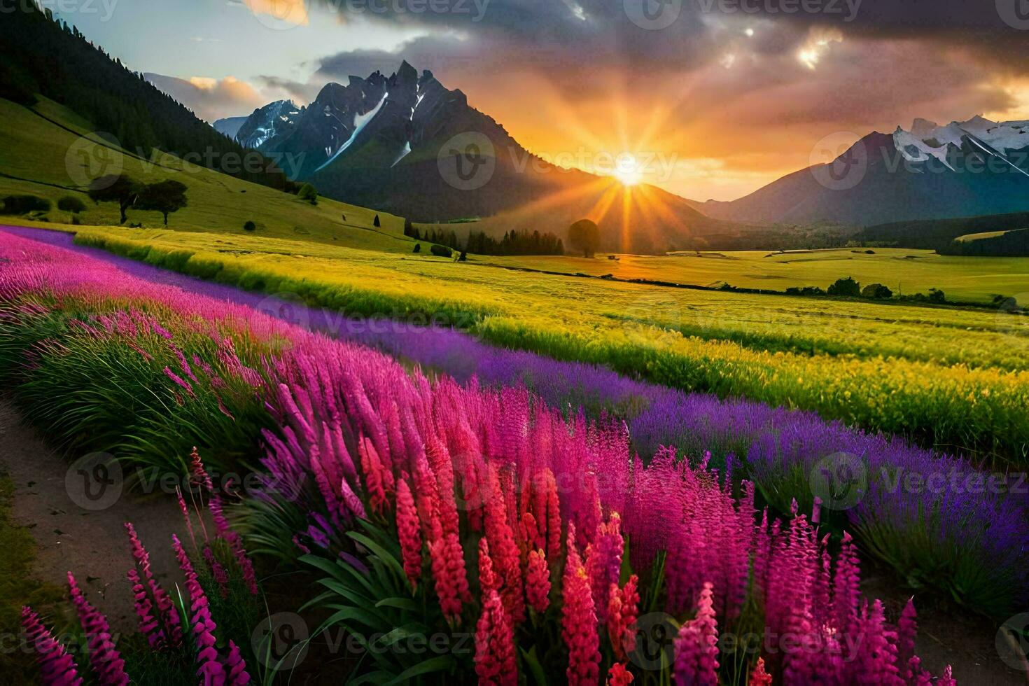 the sun rises over a field of flowers and mountains. AI-Generated photo