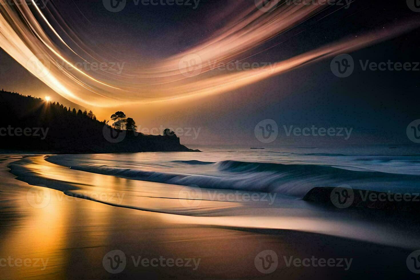 a long exposure photograph of a beach at night. AI-Generated photo