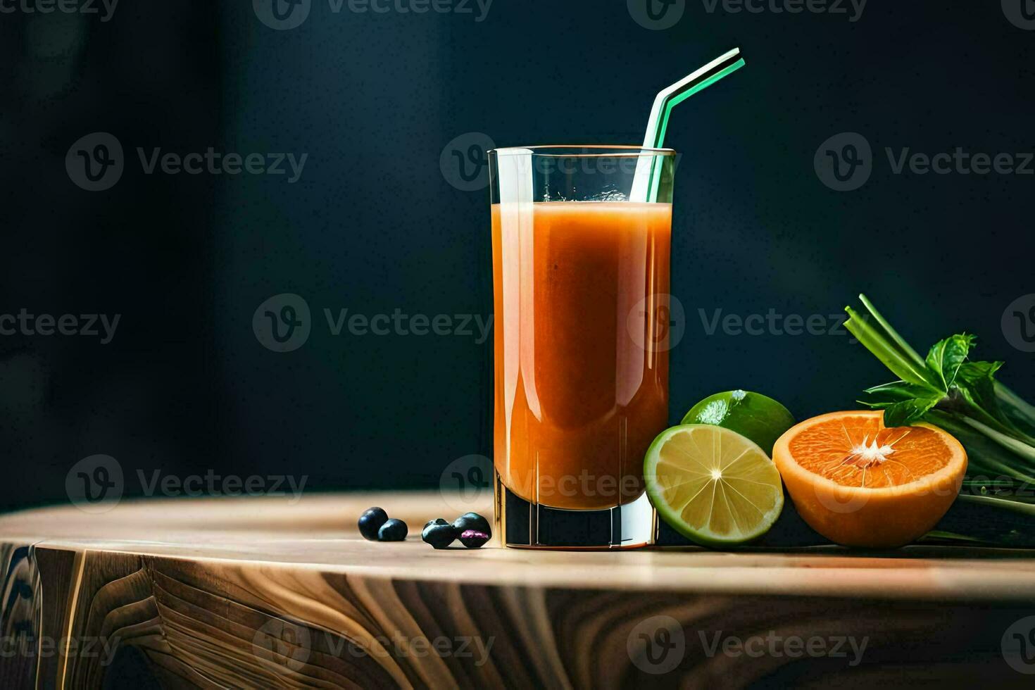 a glass of orange juice with a lime and an orange. AI-Generated photo